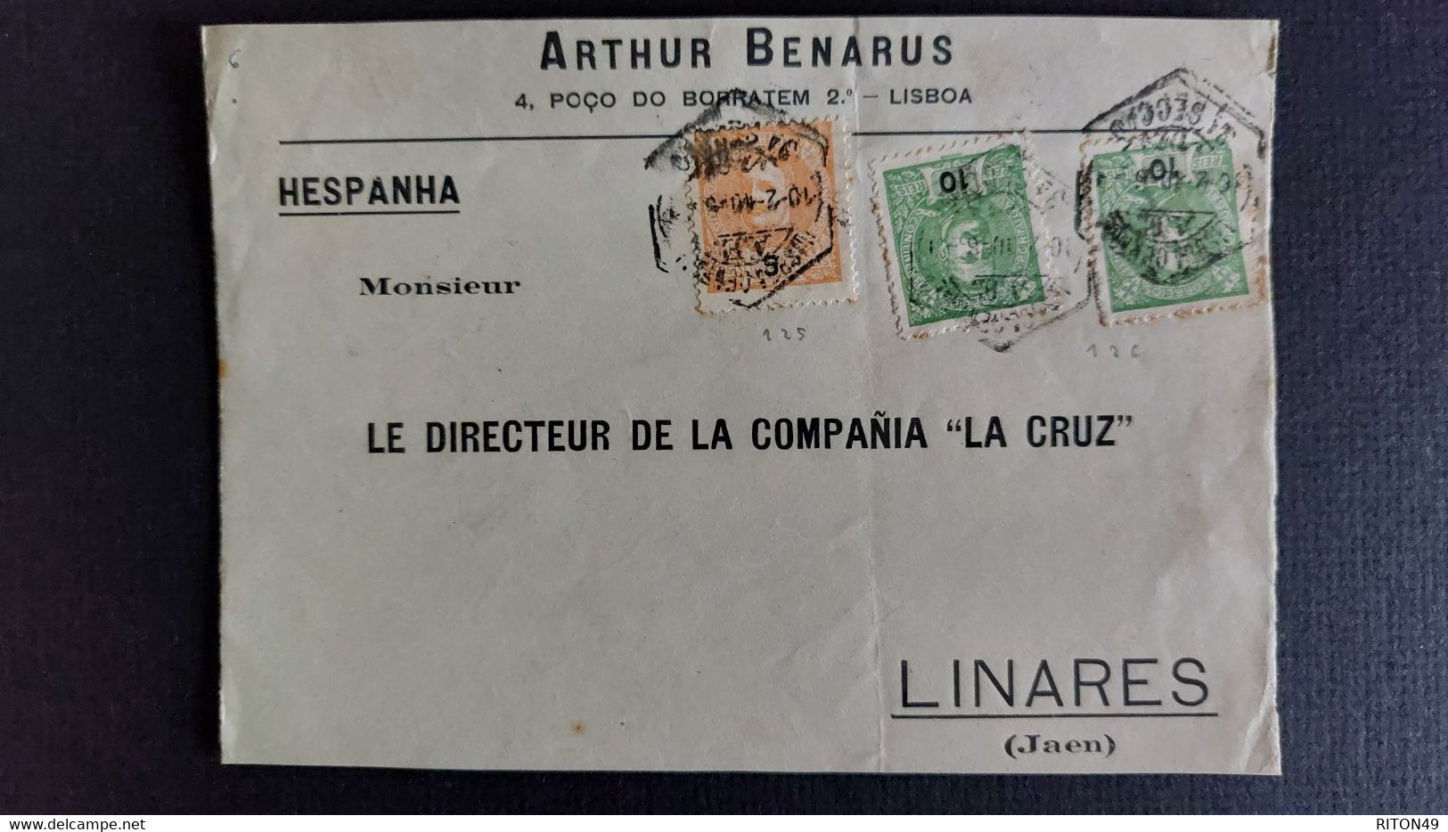 PARTIE DE LETTRE 1910 LIBOA (PORTUGAL) A LINARES (ESPAGNE) AFFRANCHISSEMENT CARLOS I CAD LISBOA (PORTUGAL) - Otros & Sin Clasificación