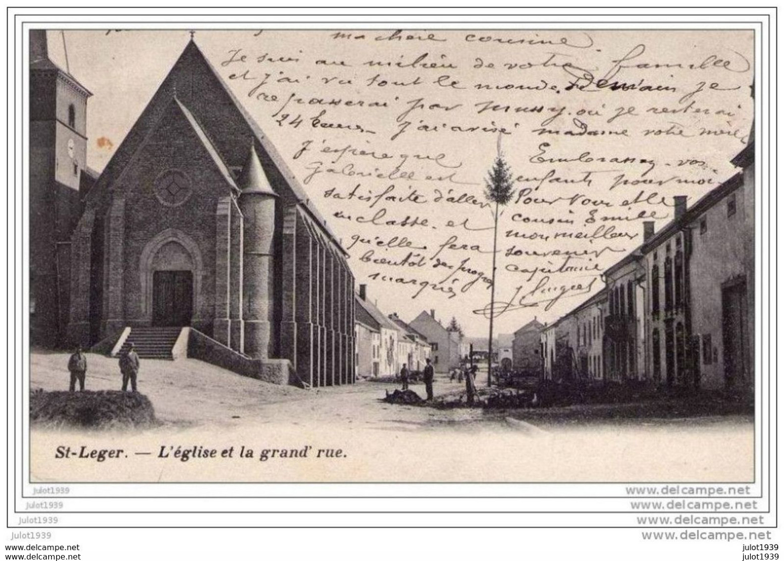 SAINT - LEGER ..-- L' Eglise Et La Grand' Rue . Voir Le  " MAI " . 1905 Vers POITIERS ( Mme FRANCOIS ) . Voir Verso . - Saint-Leger