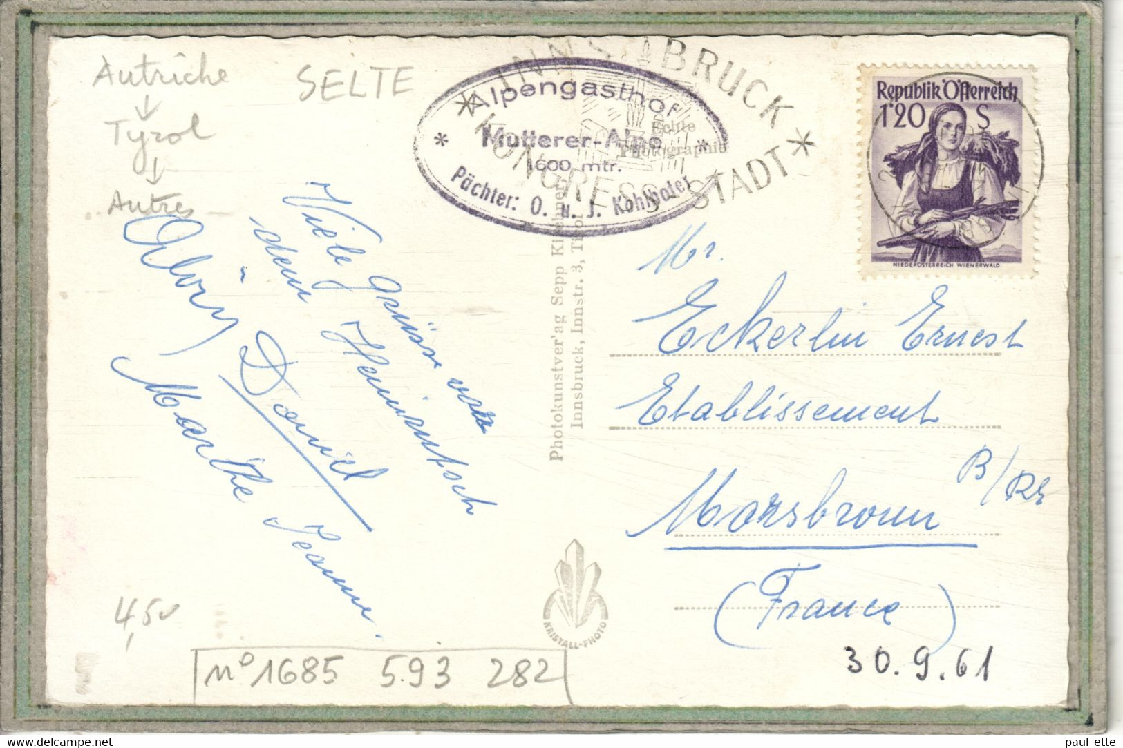 CPSM (Autriche-Tyrol) - MUTTERS - Alpengasthof Mutterer Alpe; Pächter Kohlhofer - 1961 - Mutters