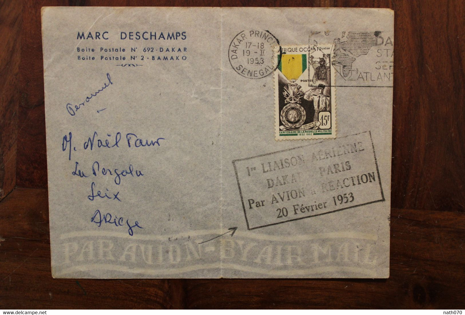 1953 SENEGAL France Seix Ariège Enveloppe 1st Flight 1er Vol Cover Air Mail Colonies AOF Timbre Médaille Militaire - Covers & Documents