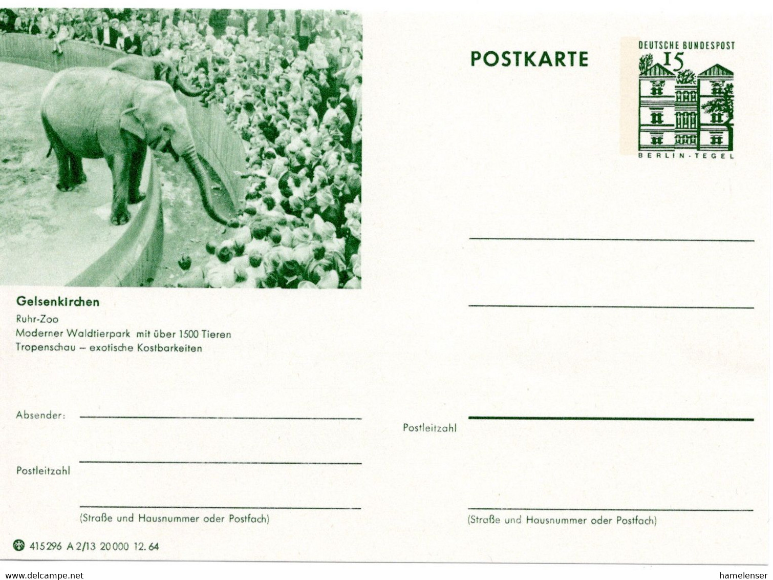 56024 - Bund - 1964 - 15Pfg BildGAKte "Ruhr-Zoo Gelsenkirchen", Ungebraucht - Eléphants