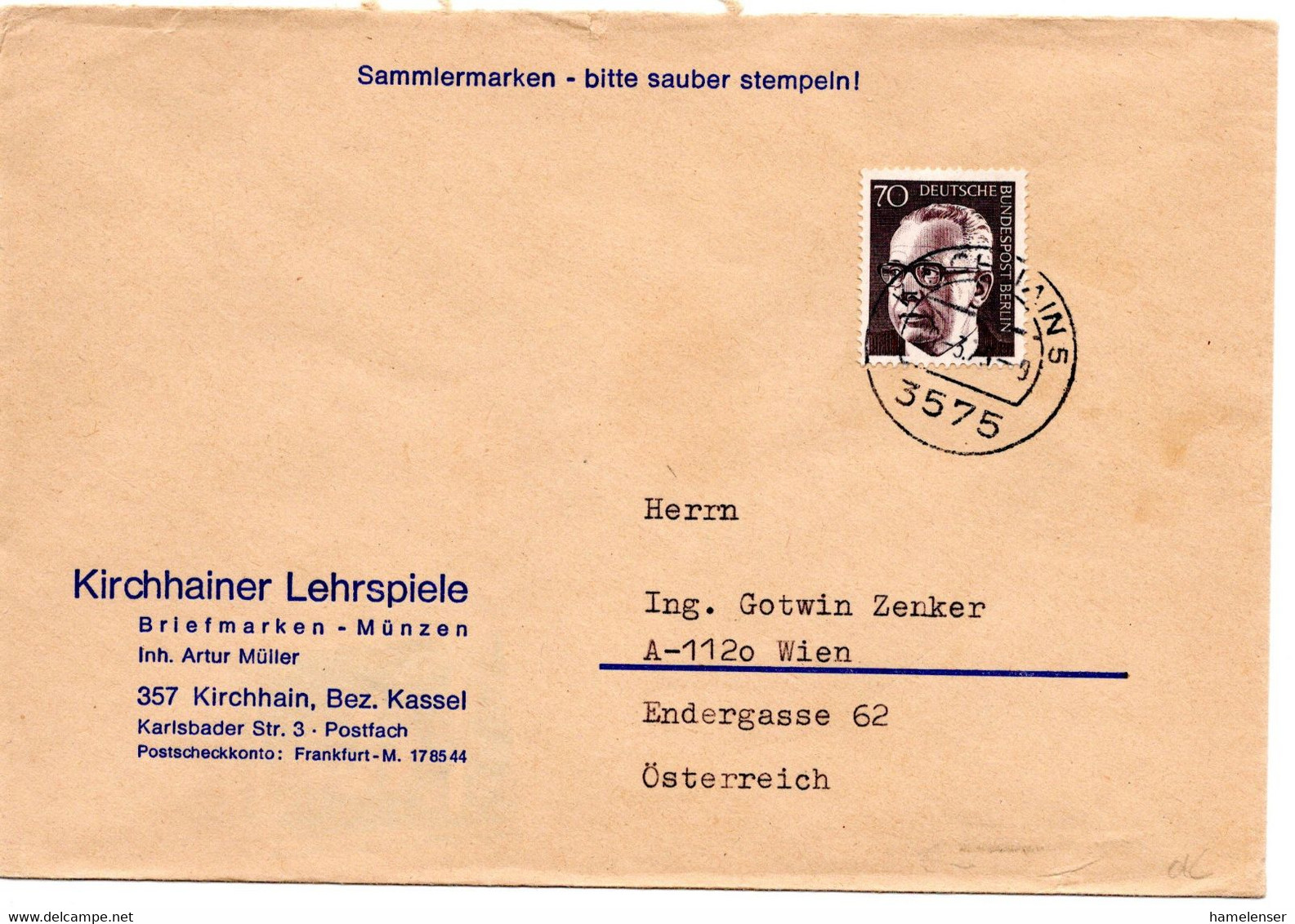 56026 - Berlin - 1975 - 70Pfg Heinemann EF A Bf KIRCHHAIN -> Oesterreich - Storia Postale