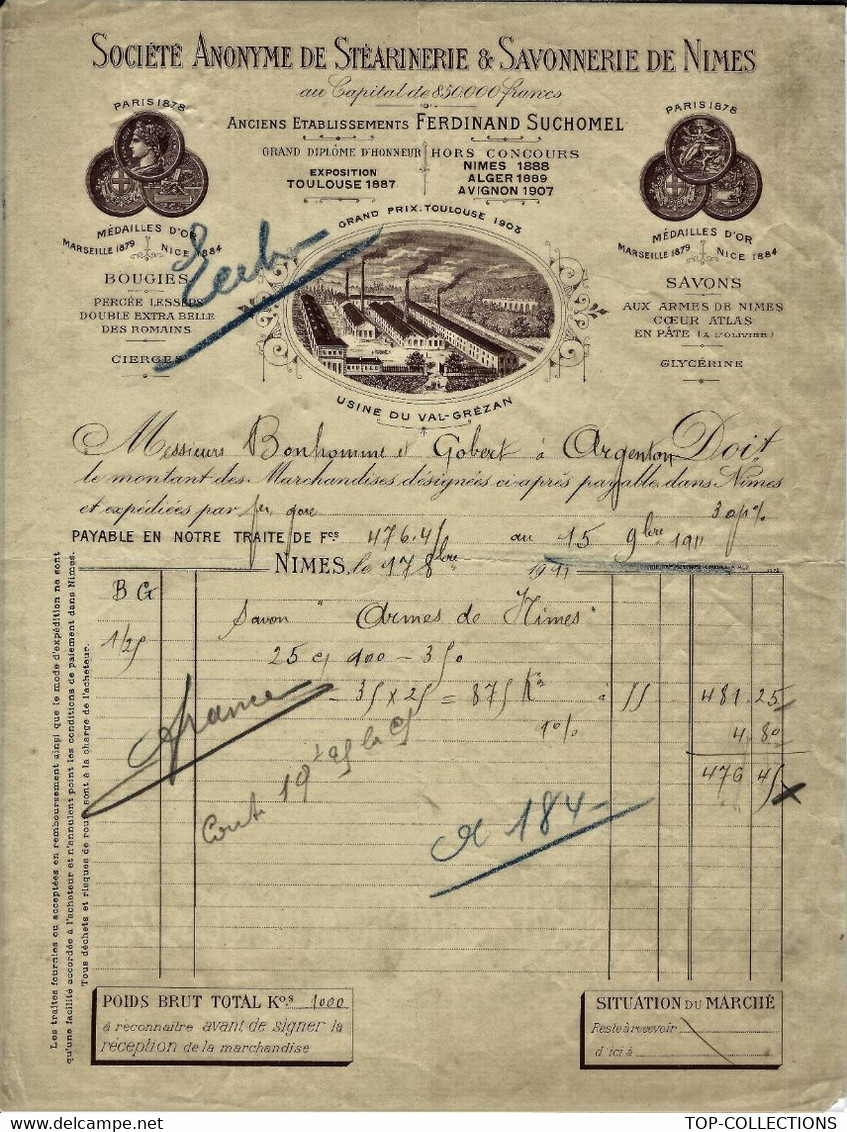 1911 Nimes (Gard) Entête Sté De Stearinerie Et Savonnerie Anc. Suchomel Pour Argentan (Orne)  Bonhomme & Gobert B.E. - 1900 – 1949