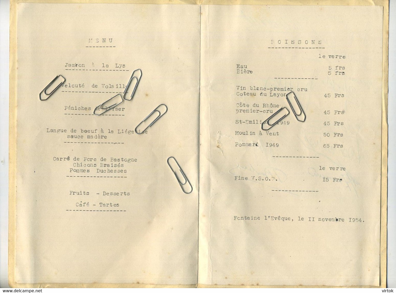 MENU : Fédération Nationale Des Anciens Combattants :  Fontaine L'Eveque   1954 - Menus