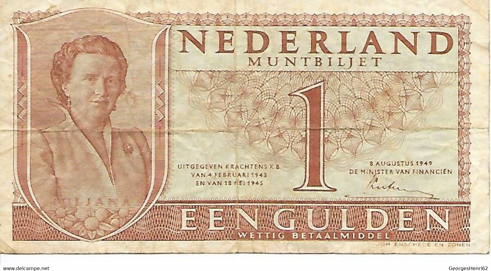 PAYS-BAS - 1 Gulden - 6/8/1949 - (72) - 1 Gulden