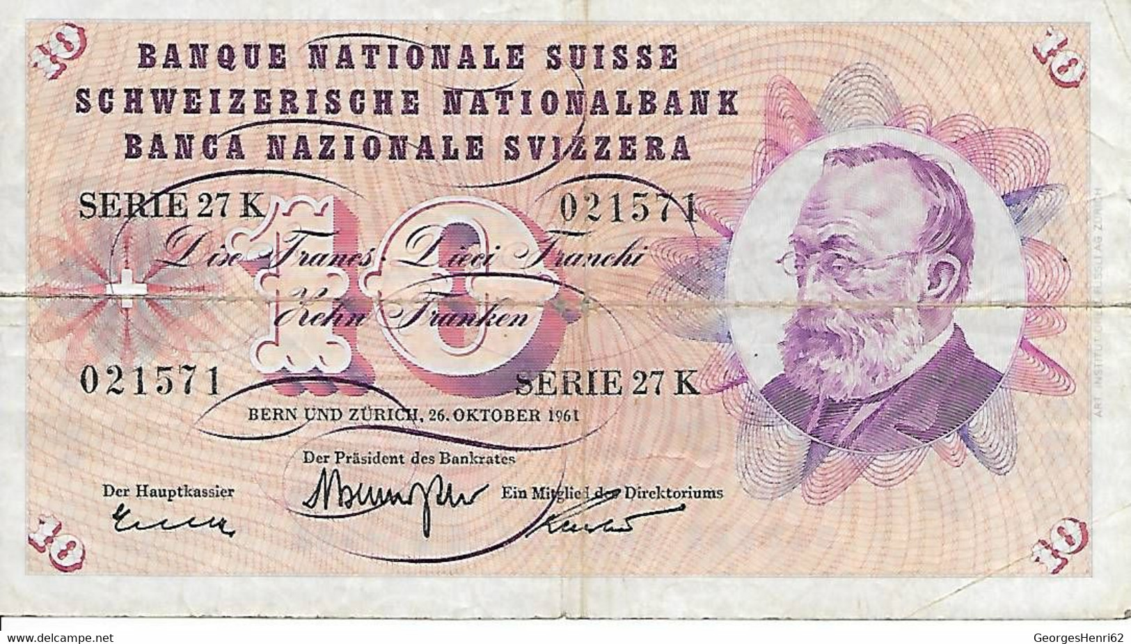 SUISSE - 10 Francs - 26/10/1961 - (45) 27K - Suisse