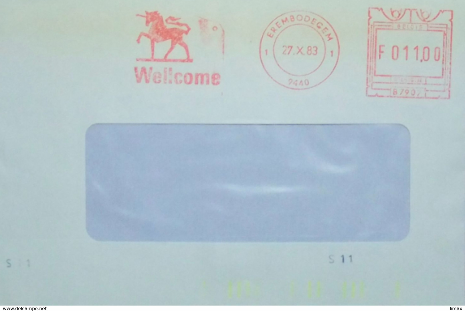 AFS 9440 Erembodegem 1983 - Wellcome Einhorn Unicorn - Briefautomatisierungscode S11 Fluoreszierende Markierung Gelb - Altri & Non Classificati