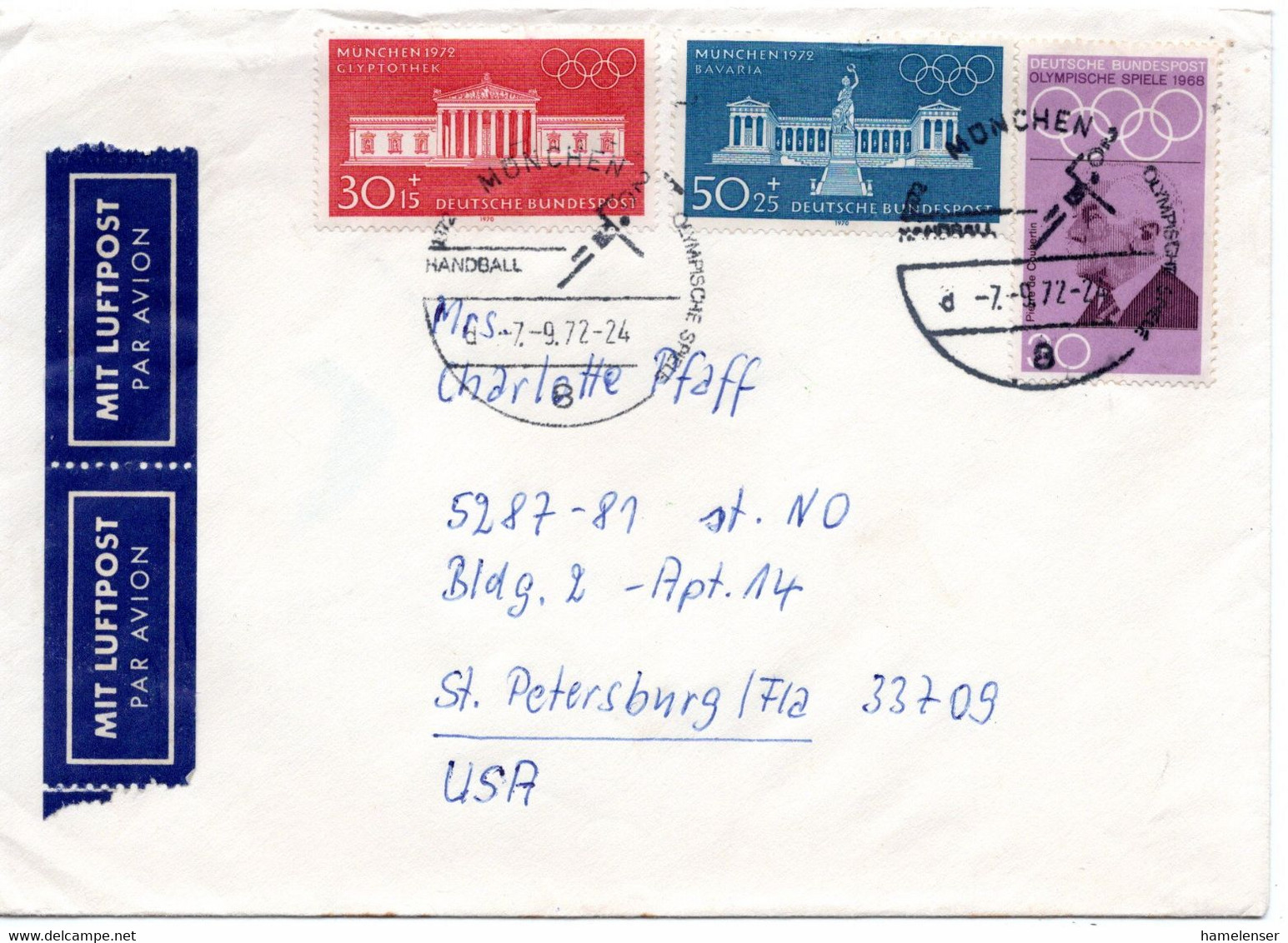 56063 - Bund - 1972 - 50Pfg Bavaria '70 MiF A LpBf SoStpl MUENCHEN - OLYMPISCHE SPIELE HANDBALL -> USA - Summer 1972: Munich