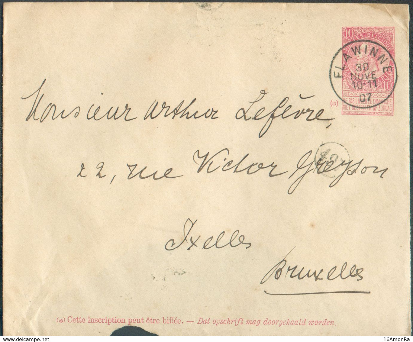 E.P. Enveloppe 10c. Rouge S/crème, Obl. Sc FLAWINNE 30 Novembre 1907 Vers Ixelles -. - 20657 - Covers
