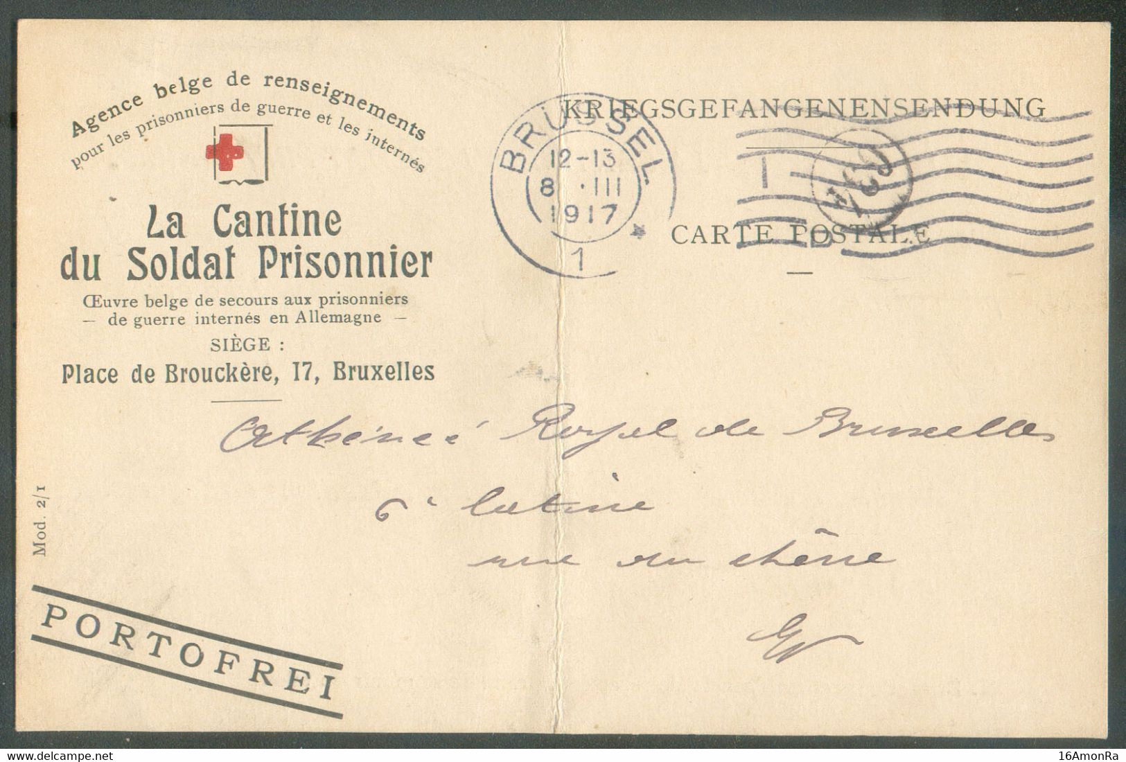 Carte De La Cantine Du Soldat Prisonnier Agence Belge De Renseignements Obl. Dc BRÜSSEL 8-III-17 En Franchise Vers La V - Krijgsgevangenen