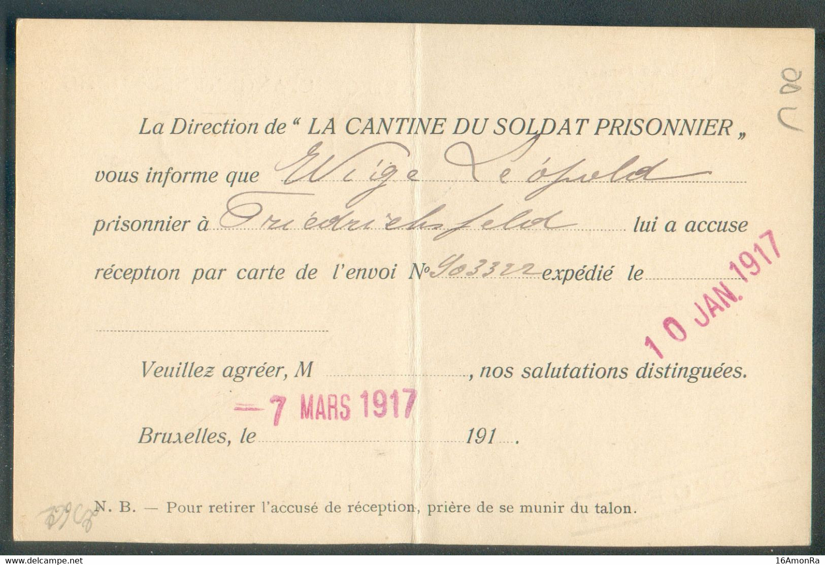 Carte De La Cantine Du Soldat Prisonnier Agence Belge De Renseignements Obl. Dc BRÜSSEL 8-III-17 En Franchise Vers La V - Prisoners