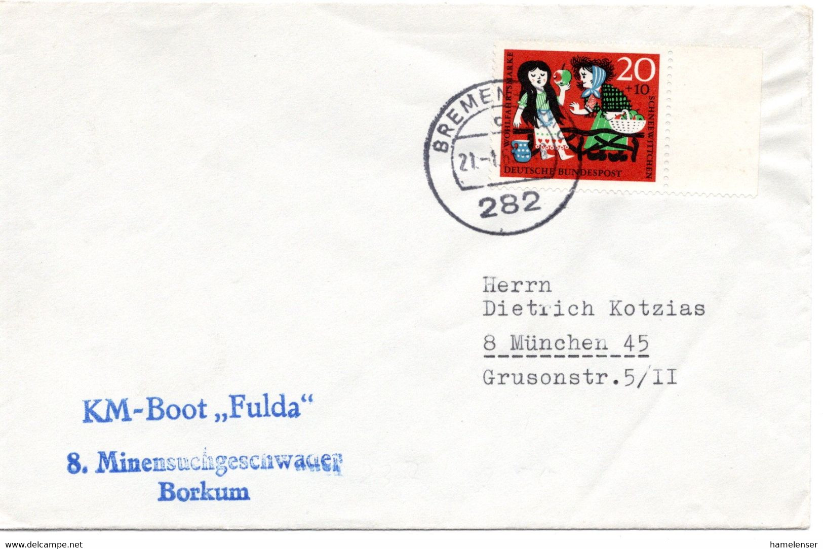 56069 - Bund - 1963 - 20Pfg Schneewittchen EF A Bf BREMEN -> Muenchen, Abs-Stpl "KM-Boot 'Fulda'" - Militaria