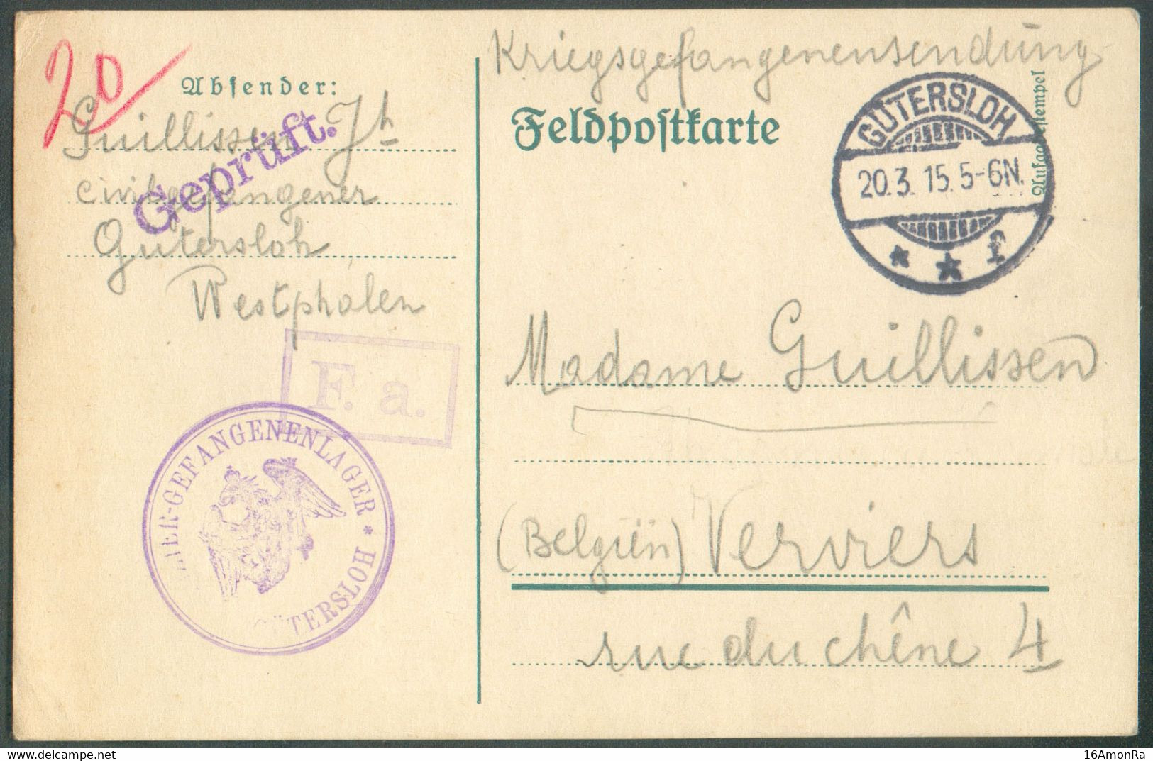 Feldpostkarte De GUTERSLOH 20.3 1915 Vers Verviers + Griffe GEPRÜFT Et Sc GEFANGENENLAGER GUTERSLOH - 20663 - Prisonniers