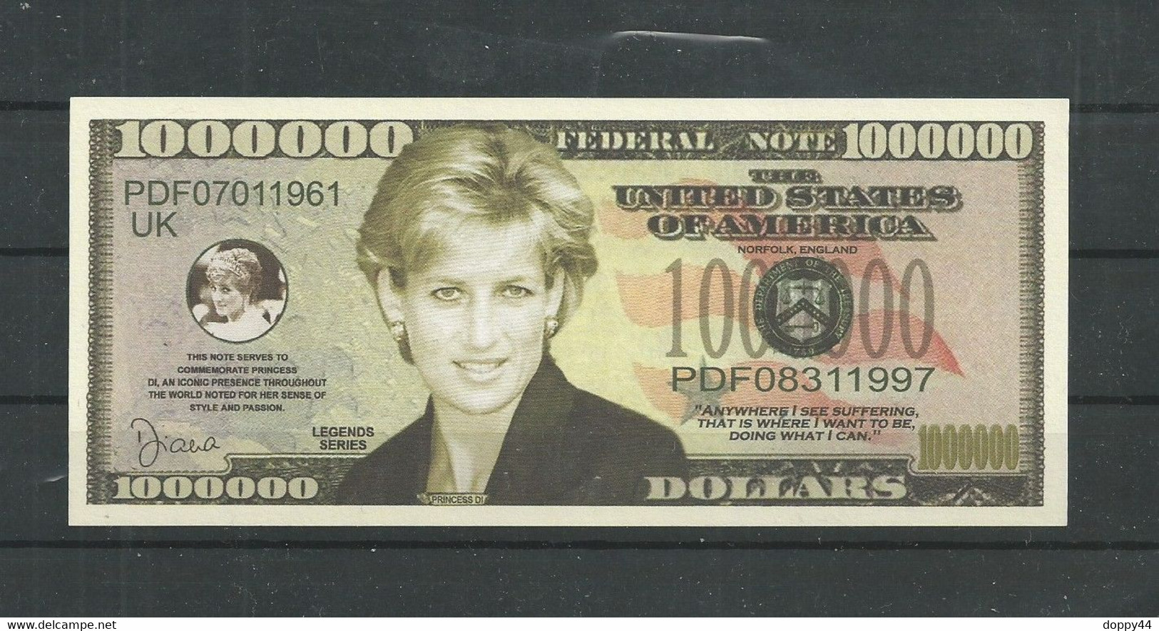 BILLET FANTAISIE 1 MILLION DE DOLLAR THEME LADY DIANA.  NEUF SUPERBE - Fiktive & Specimen