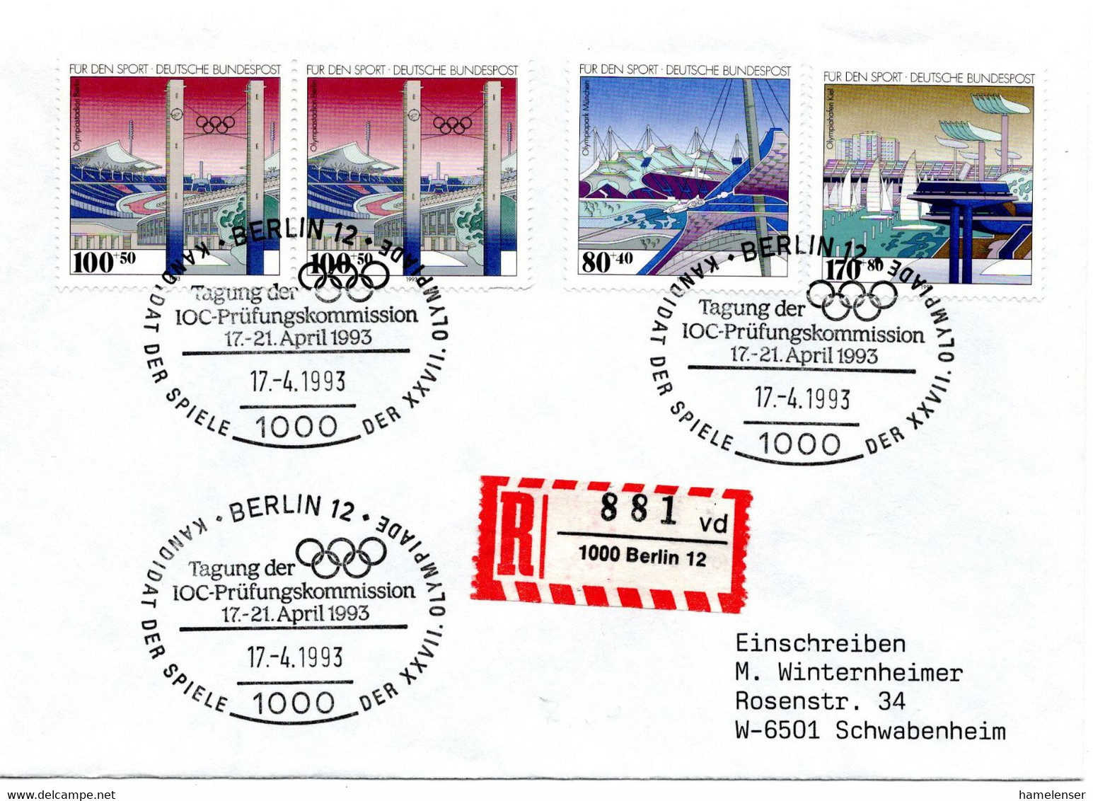 56085 - Bund - 1993 - 170Pfg Sport '93 MiF A R-Bf BERLIN - TAGUNG DER IOC-PRUEFUNGSKOMMISSION ... -> Schwabenheim - Sonstige & Ohne Zuordnung