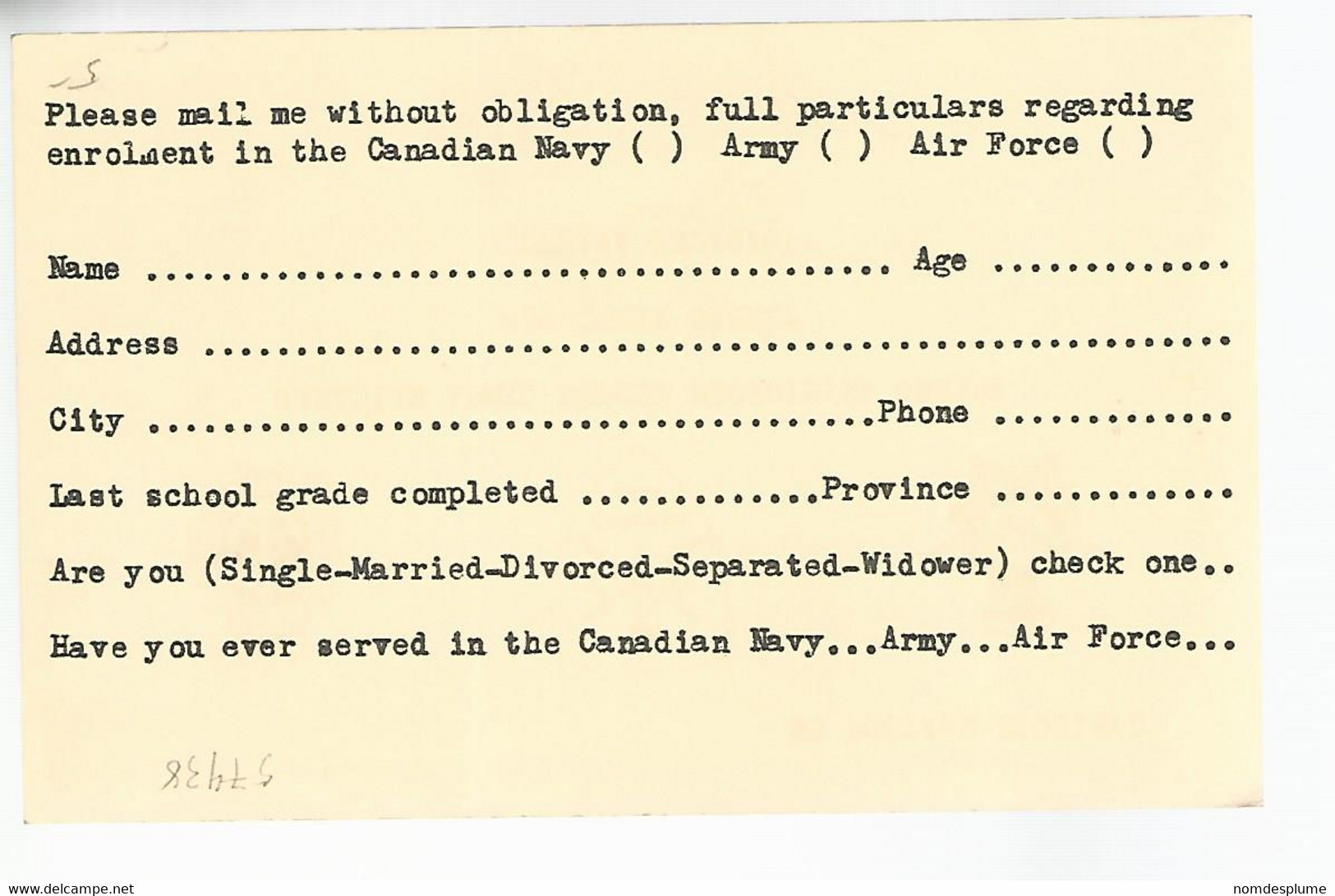 57438) Canada  Miltary Mail Postcard Recruiting Enrolment Requirements - 1903-1954 De Koningen