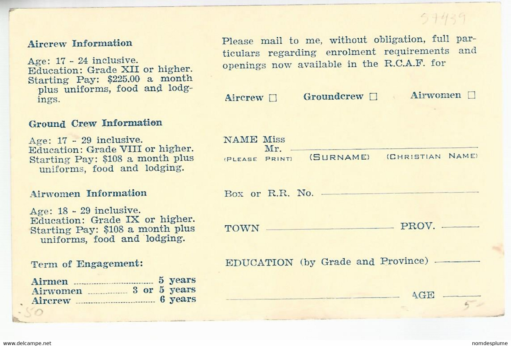 57439) Canada  Miltary Mail Postcard Recruiting Enrolment Requirements - 1903-1954 Reyes