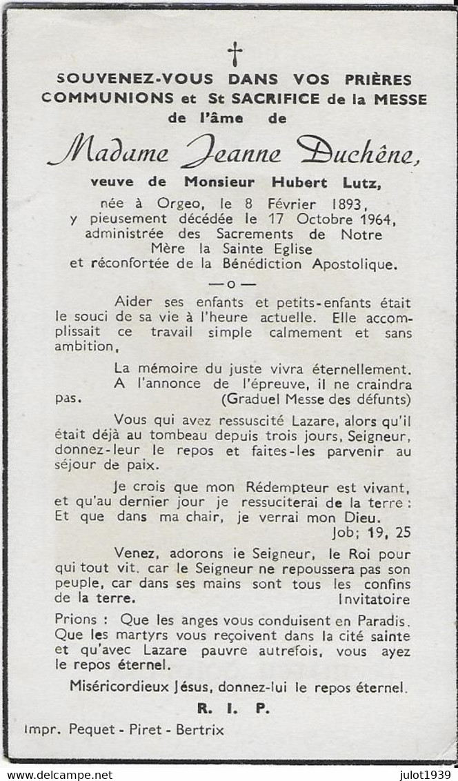 ORGEO ..-- Mme Jeanne DUCHENE , Veuve De Mr Hubert LUTZ , Née En 1893 , Décédée En 1964 à ORGEO . - Bertrix