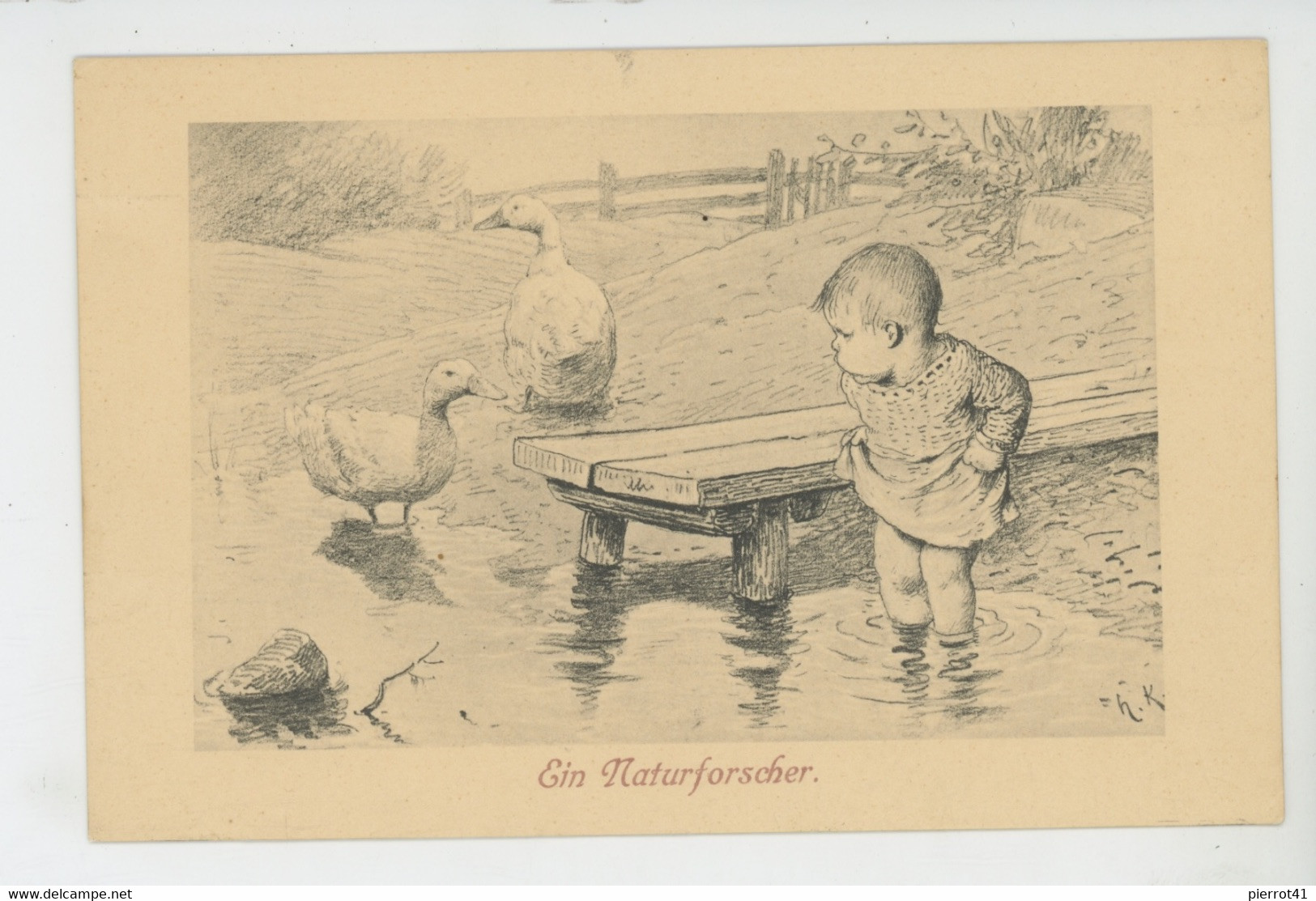 Illustrateur HERMANN KAULBACH - Jolie Carte Fantaisie Enfant Et Oies " Ein Naturforscher " - Kaulbach, Hermann