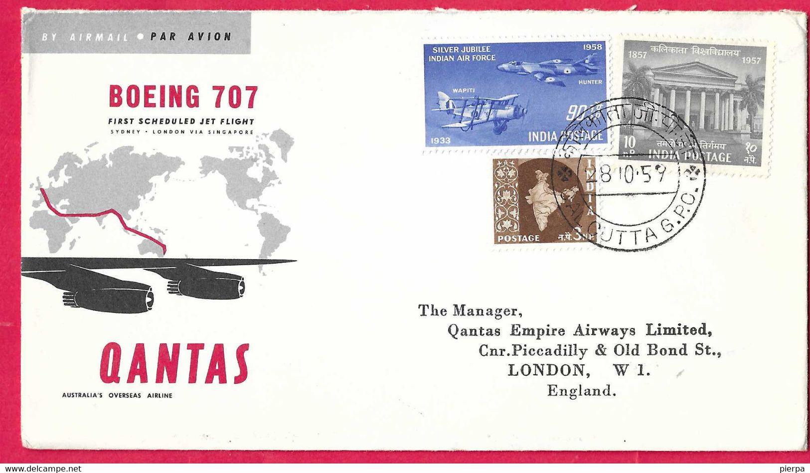 AUSTRALIA - FIRST JET FLIGHT QANTAS ON B.707 FROM CALCUTTA TO LONDON *28.10.1959 *ON OFFICIAL ENVELOPE - First Flight Covers