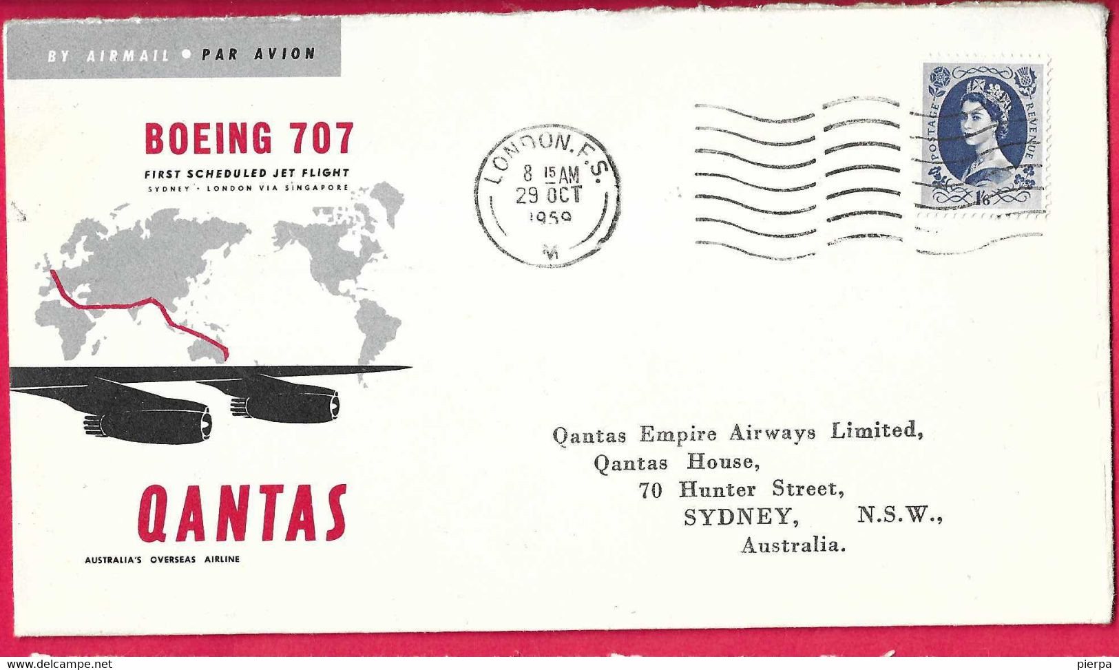 AUSTRALIA - FIRST JET FLIGHT QANTAS ON B.707 FROM LONDON TO SIDNEY *29.10.1959 *ON OFFICIAL ENVELOPE - Primi Voli