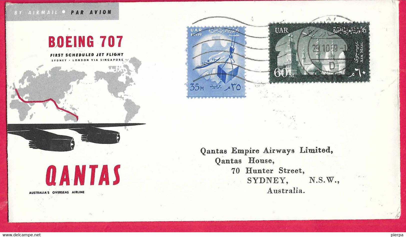 AUSTRALIA - FIRST JET FLIGHT QANTAS ON B.707 FROM CAIRO TO SIDNEY *29.10.1959 *ON OFFICIAL ENVELOPE - First Flight Covers