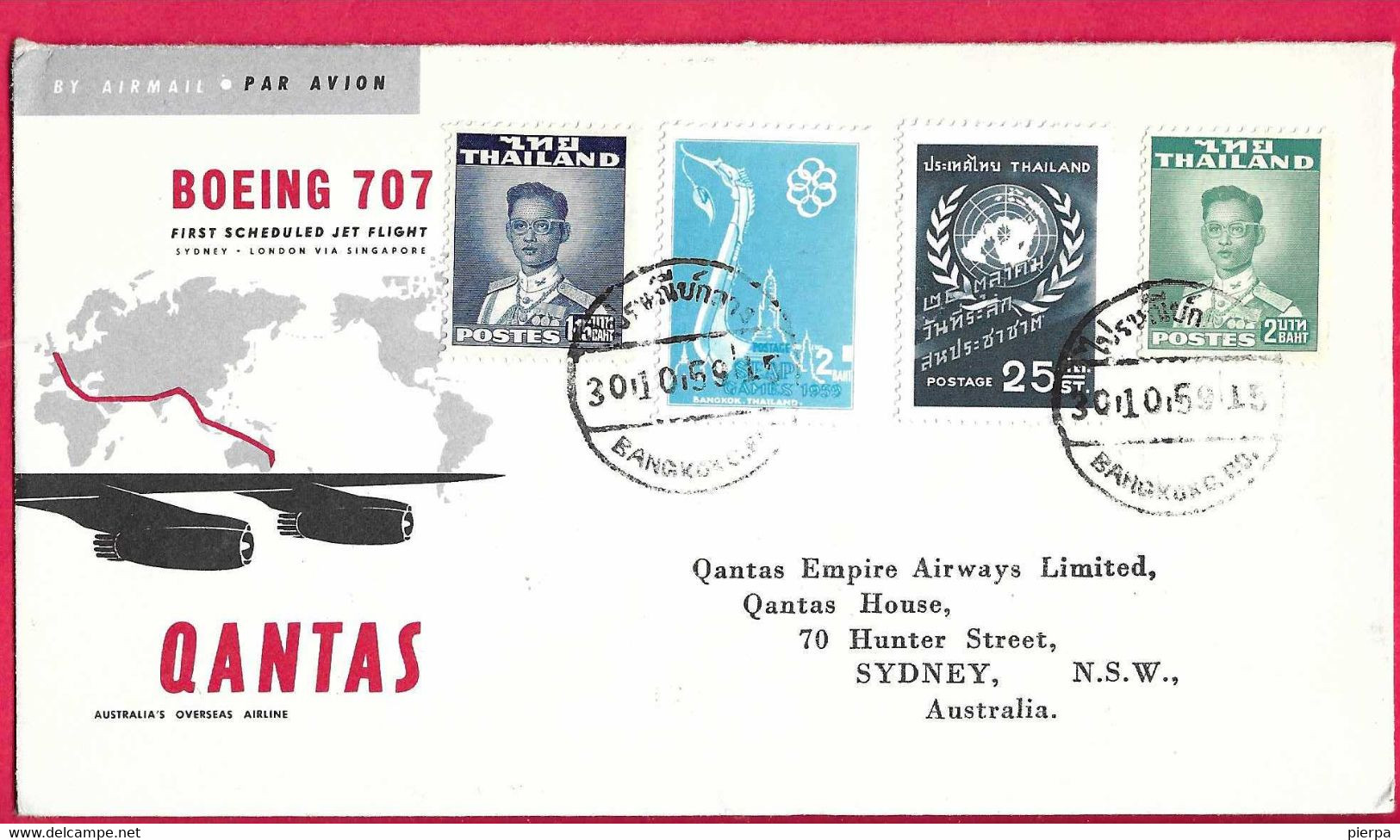 AUSTRALIA - FIRST JET FLIGHT QANTAS ON B.707 FROM BANGKOK TO SIDNEY *30.10.1959 *ON OFFICIAL ENVELOPE - Primi Voli