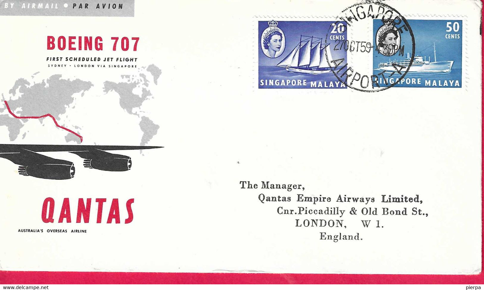 AUSTRALIA - FIRST JET FLIGHT QANTAS ON B.707 FROM SINGAPORE TO LONDON *27.10.1959 *ON OFFICIAL ENVELOPE - First Flight Covers