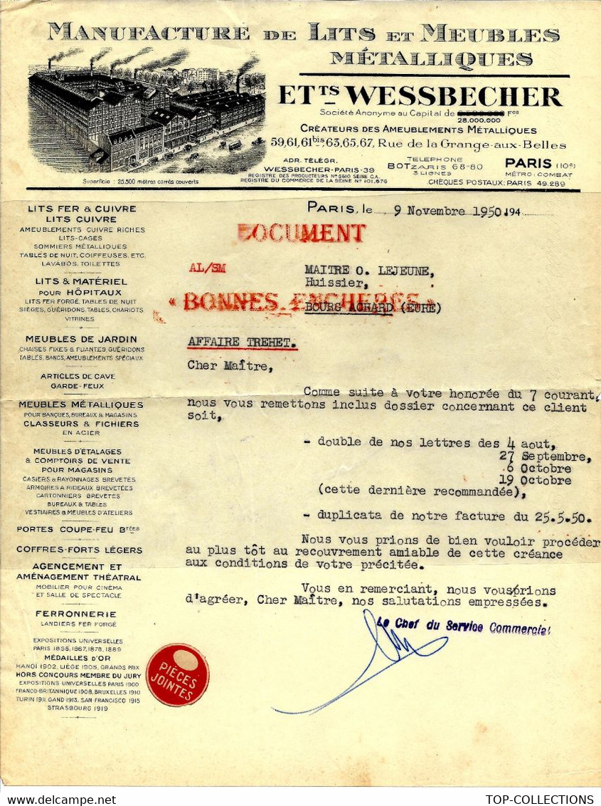 1950  ENTETE MANUFACTURE LITS MEUBLES METALLIQUES ETS WESSBECHER Paris Pour LeJeune Bourg Achard (Eure) B.E.V.SCANS - 1950 - ...
