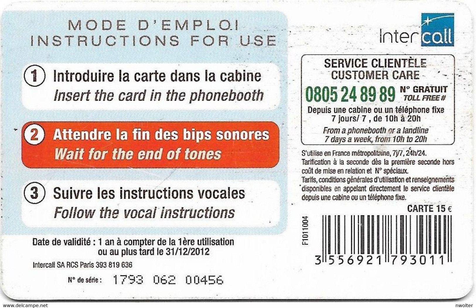 @+ France - Intercall à Puce 15€ - Bebe Et Ours N°4 - Code F1011004 - Ref : CC-INT7B Verso Logo Intercall - 2010