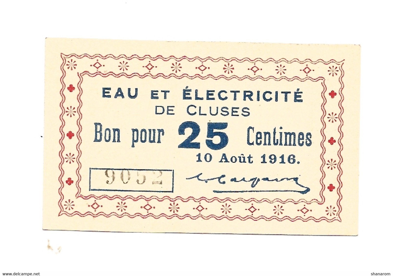 1914-1918 // Ville De CLUSES (74 Haute-Savoie) // Août 1916 // EAU Et ELECTRICITE // Bon Pour Vingt Cinq Centimes - Bons & Nécessité