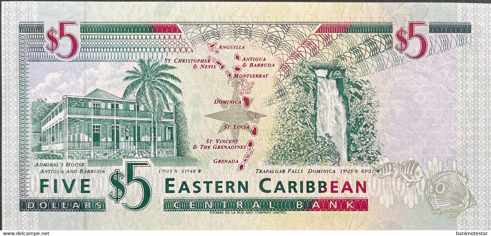 East Caribbean States 5 Dollars, P-31v (1994) - UNC - ST. VINCENT - Caribes Orientales