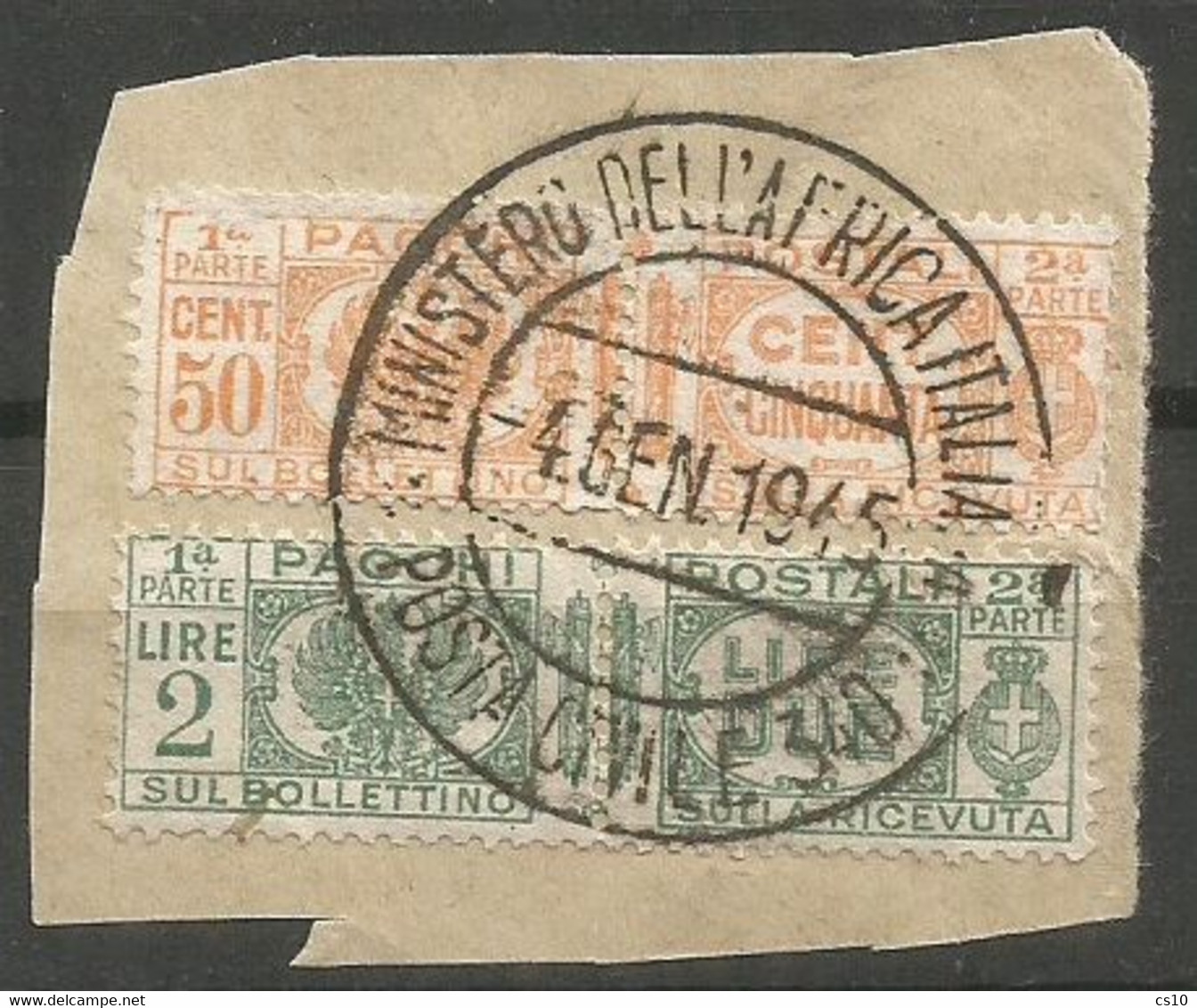 RSI Pacchi C50 + L2 Usati Come P.O. Su Frammento "Min.Africa Italiana - 4gen1945 - Posta Civile 340" - Postal Parcels