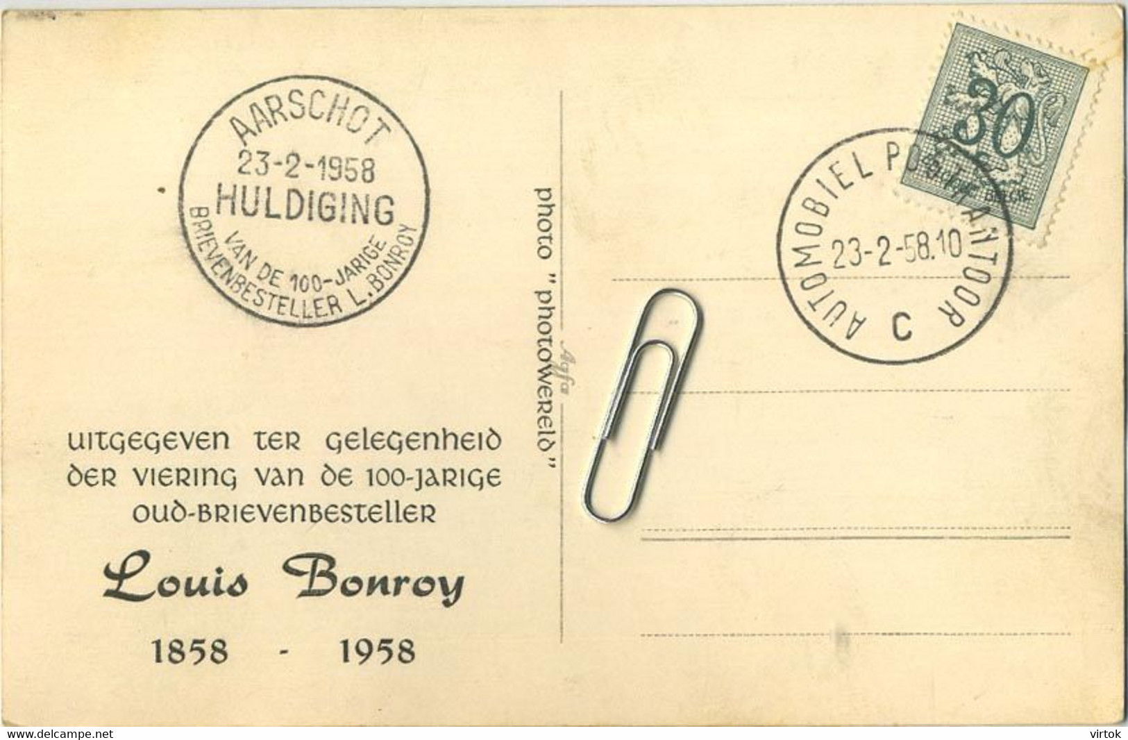 Aarschot :  Postbode : Louis Bonroy  -  100 Jaar   1858 - 1958 - Aarschot