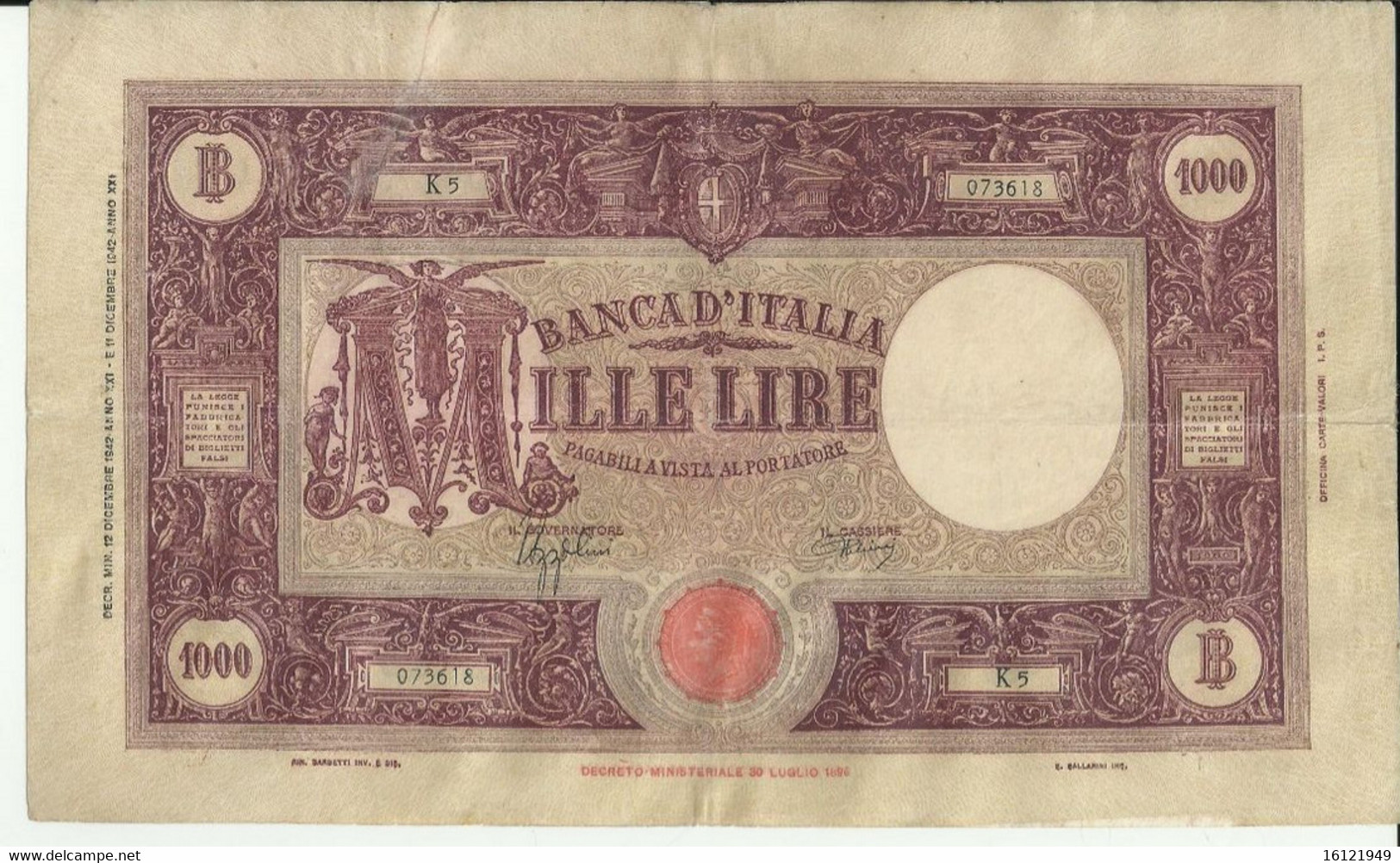 Z255 -1000 LIRE SECONDO TIPO - PRIMA EMISSIONE 12 / 12 / 1942 - 1000 Liras