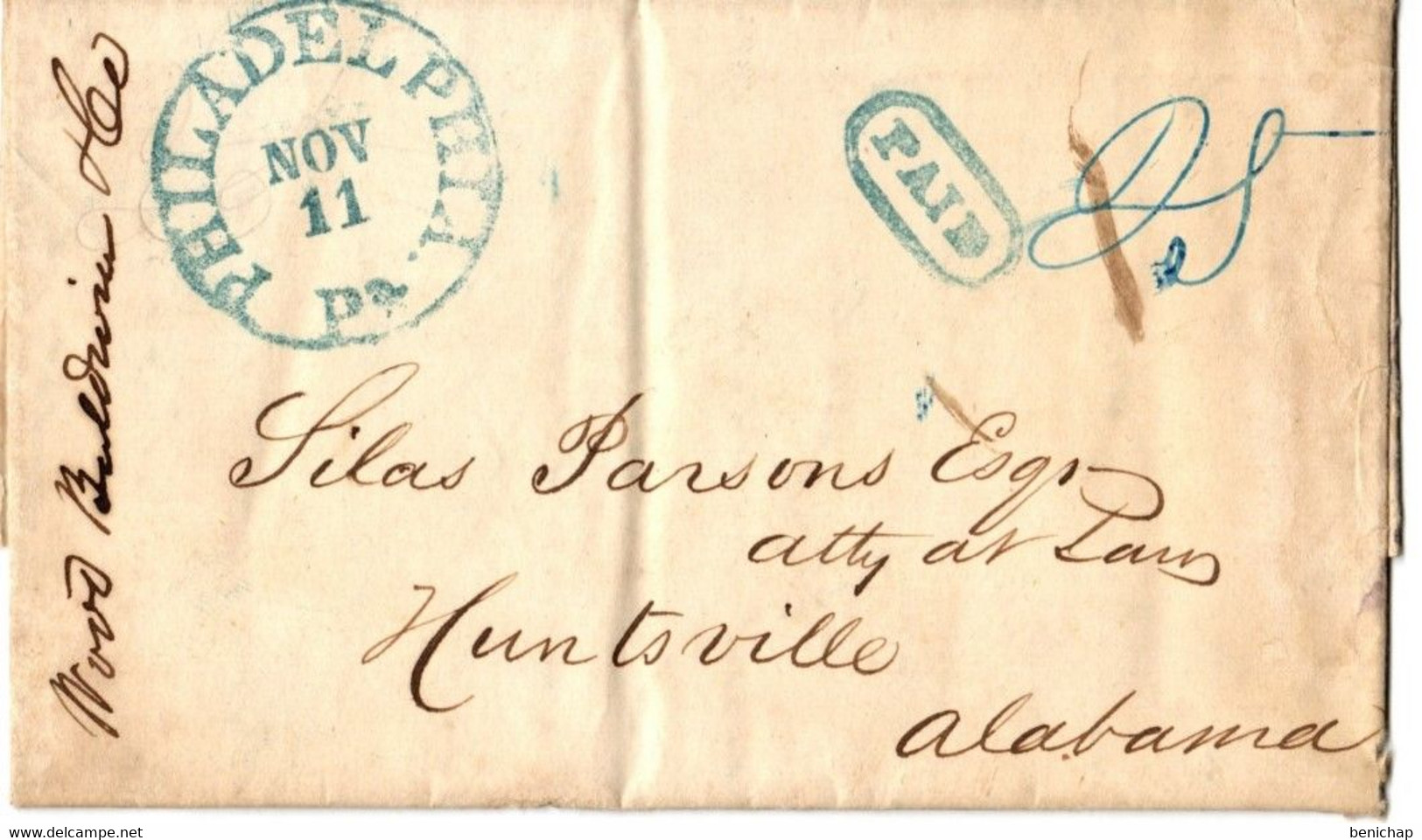 (R80) USA - Cover 11 Nov1844 - Green Postal Markings  Paid & Philadelphia - 25Cts - Huntsville - Alabama. - …-1845 Préphilatélie