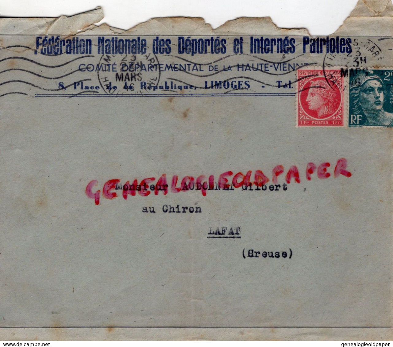 87-LIMOGES- RARE ENVELOPPE FEDERATION NATIONALE DEPORTES ET INTERNES PATRIOTES-GILBERT AUDONNET AU CHIRON LAFAT 23 - Documents Historiques