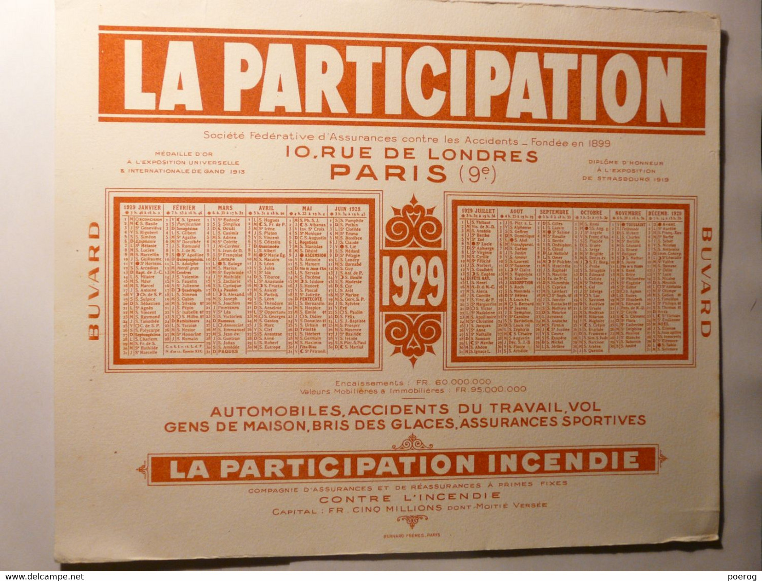 BUVARD CALENDRIER POUR 1929 - ASSURANCES LA PARTICIPATION - GRAND FORMAT 27cm X 23cm - C