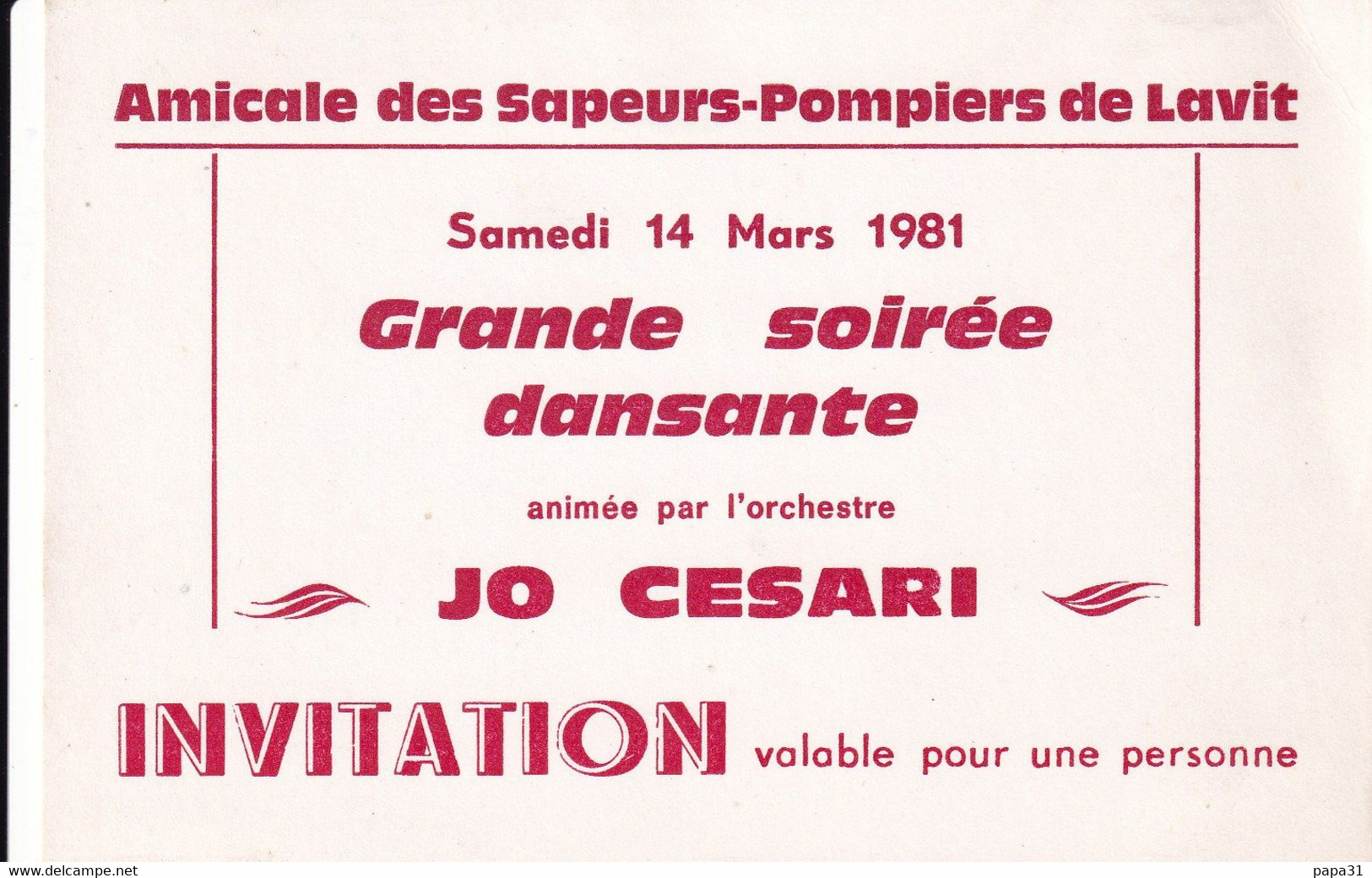 INVITATION  De L'AMICALE DES SAPEURS POMPIERS De LAVIT - Lavit