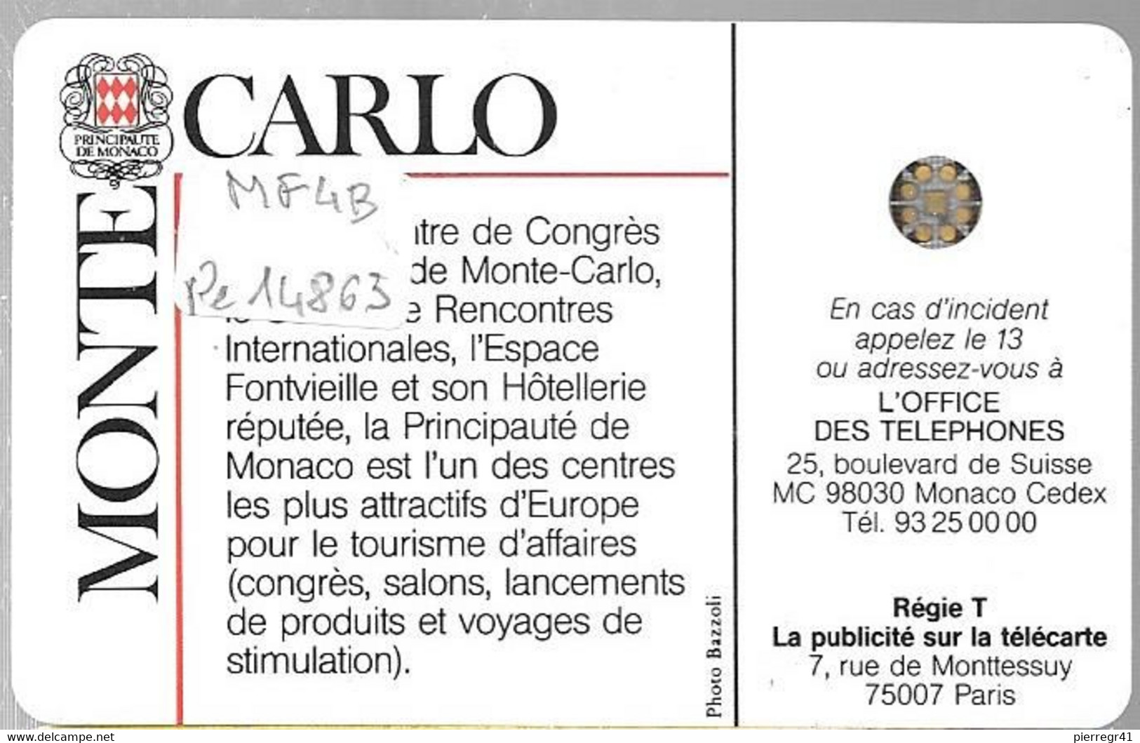 CARTE-PUBLIC-MONACO-50U-MF4B-SC5 An-PALAIS CONGRES-V° 5 Pe14863-UTILISE-TBE - Monace