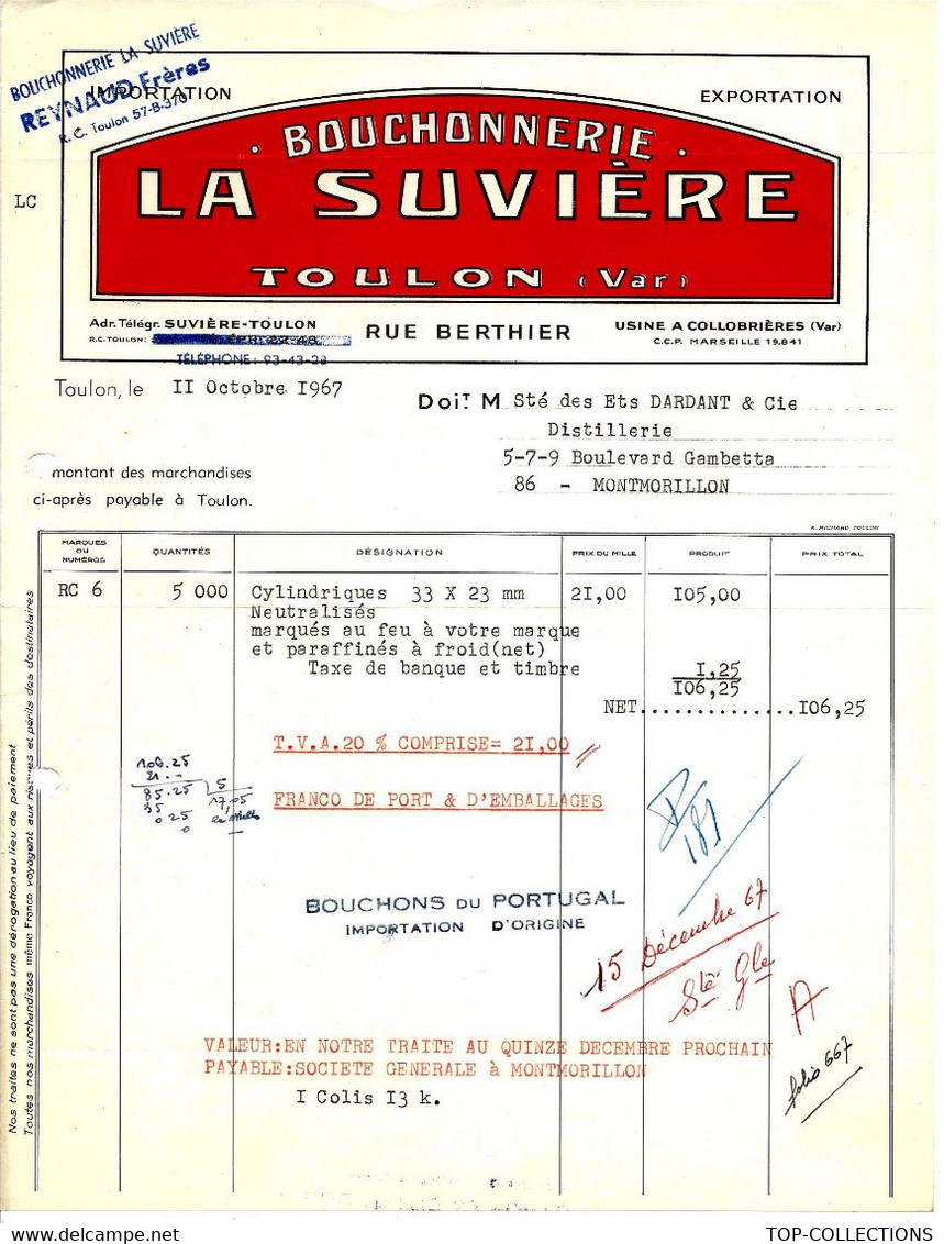 1967 Bouchonnerie La Suvière Fabrique De Bouchons Toulon Usine à Collobrières Var Pour Montmorillon Vienne B.E.V.SCANS - 1900 – 1949