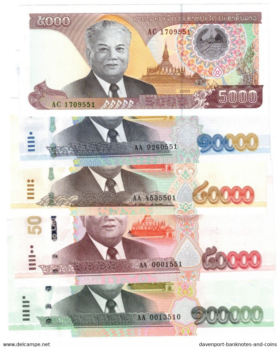 FULL SET Laos 5000, 10000, 20000, 50000 & 100000 Kip 2020 (2022) UNC - Laos