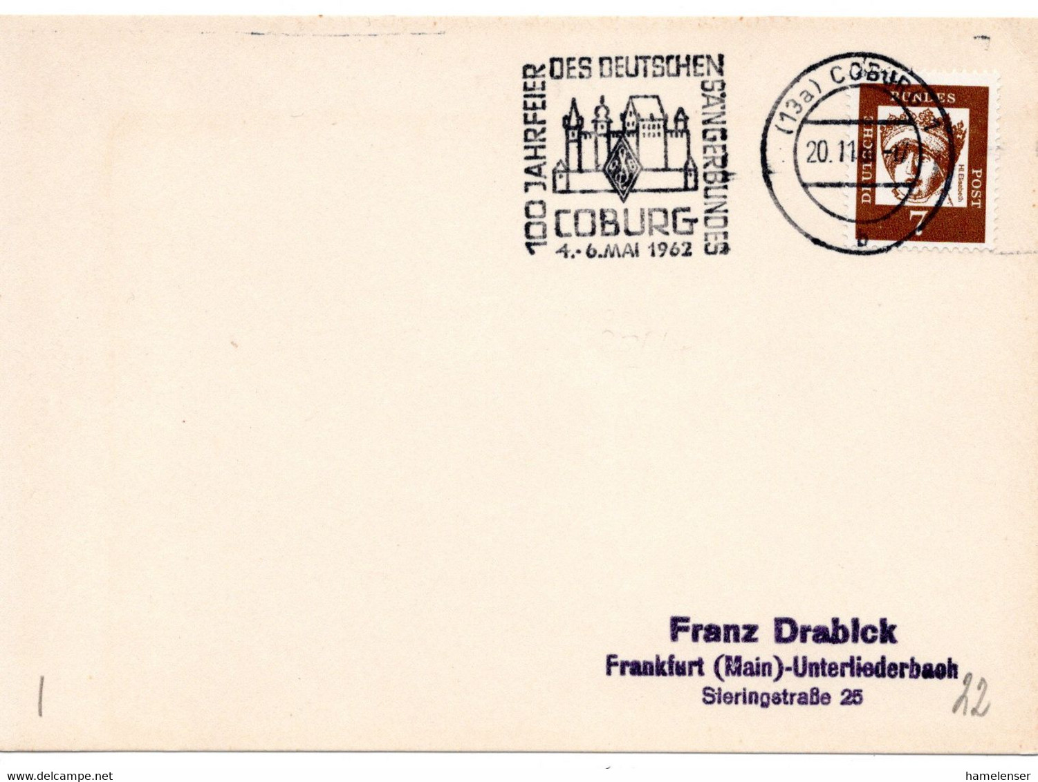 56094 - Bund - 1962 - 7Pfg Hl.Elisabeth EF A DrucksKte COBURG - 100JAHRFEIER DES DEUTSCHEN SAENGERBUNDES ... -> Ffm - Musica