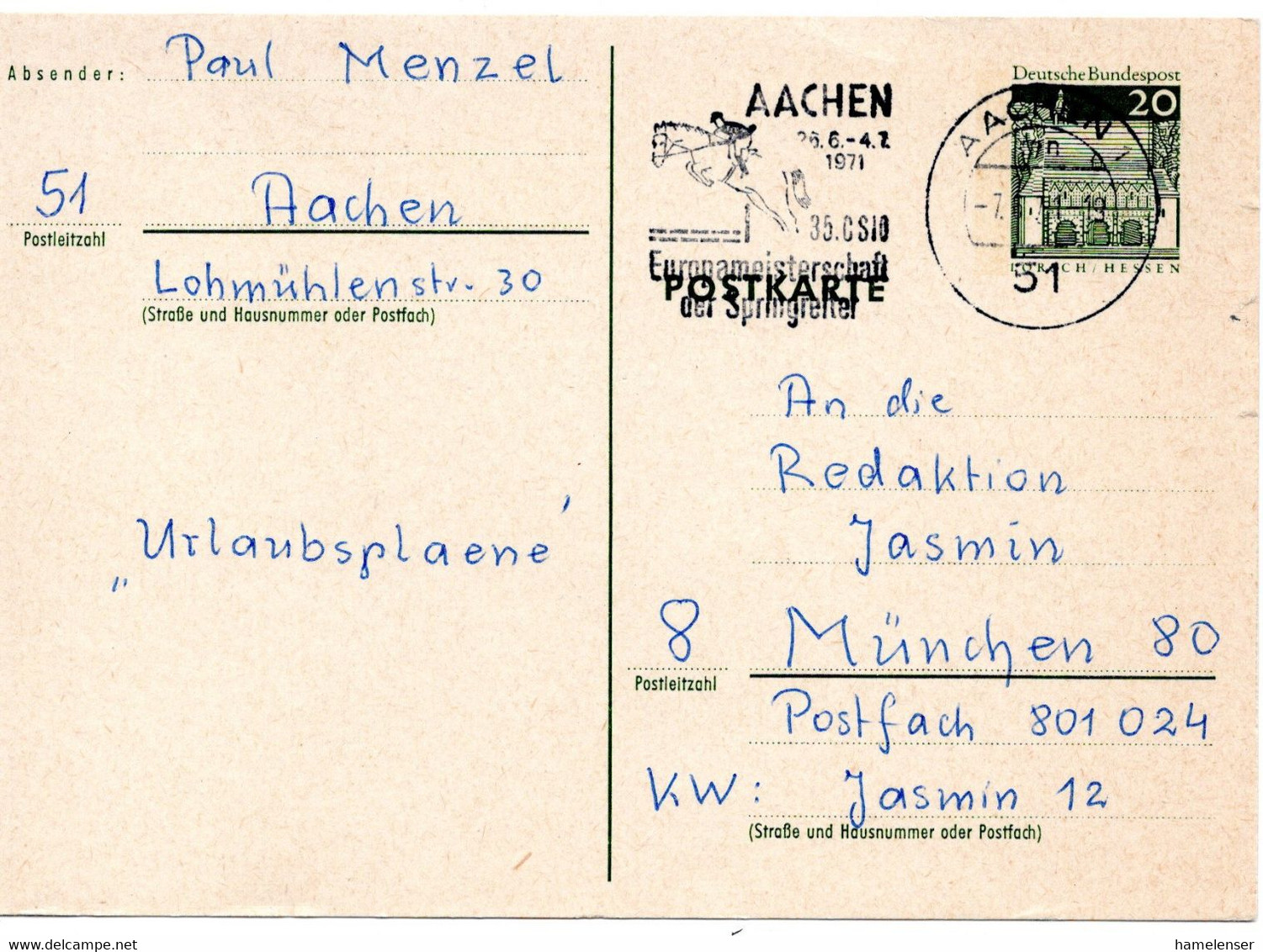 56097 - Bund - 1971 - 20Pfg Gr.Bauten GAKte AACHEN - ... EUROPAMEISTERSCHAFT DER SPRINGREITER -> Muenchen - Hípica