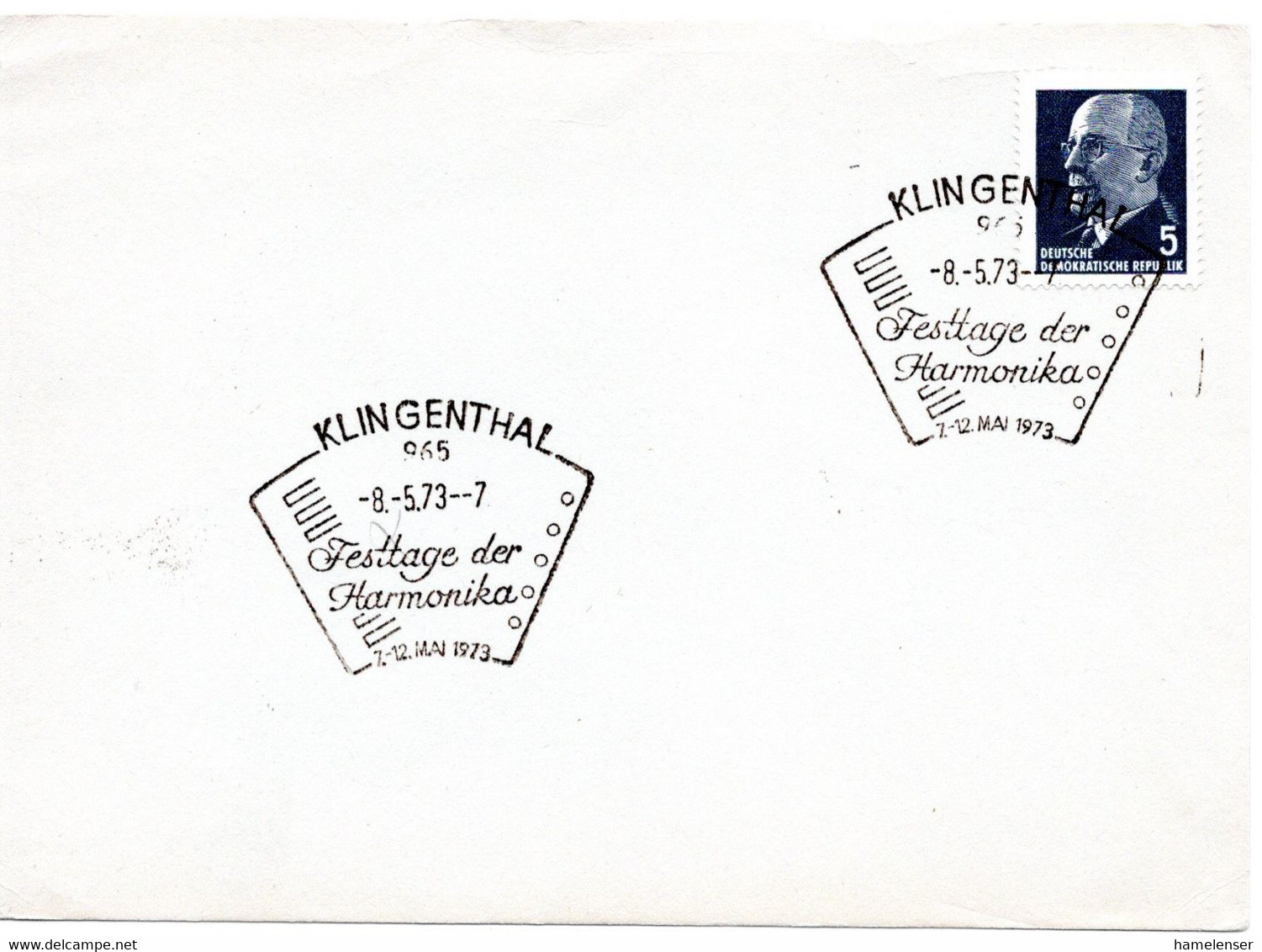 56098 - DDR - 1973 - 5Pfg Ulbricht EF A Kte SoStpl KLINGENTHAL - FESTTAGE DER HARMONIKA - Music