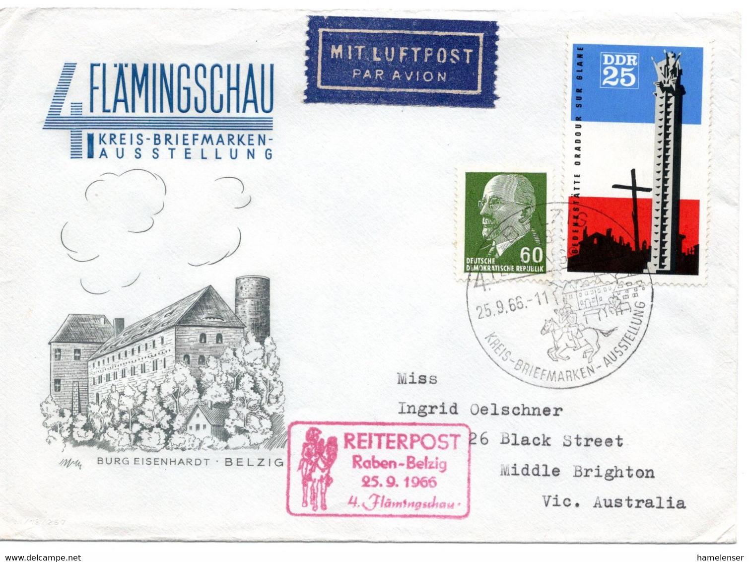 56101 - DDR - 1966 - 60Pfg Ulbricht MiF A LpBf BELZIG - KREIS-BRIEFMARKEN-AUSSTELLUNG -> Australien - Philatelic Exhibitions