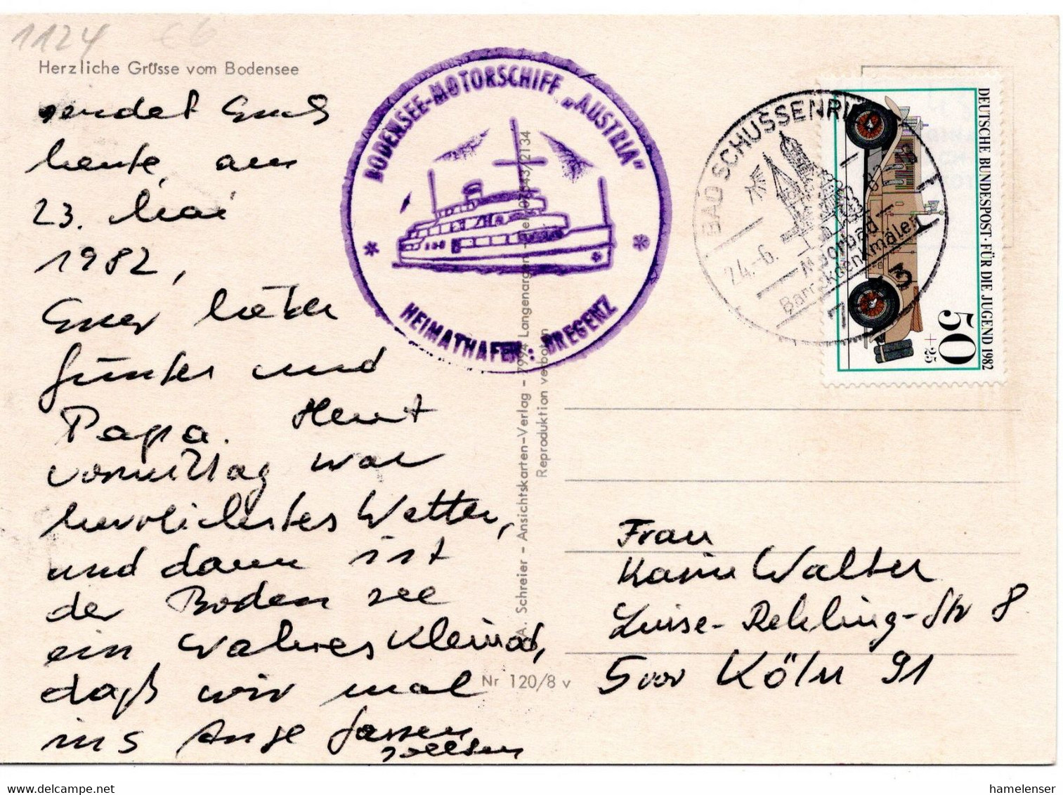 56112 - Bund - 1982 - 50Pfg Jugend '82 EF A AnsKte BAD SCHUSSENRIED - ... -> Koeln, M Bordstpl Bodensee-Schiff - Covers & Documents