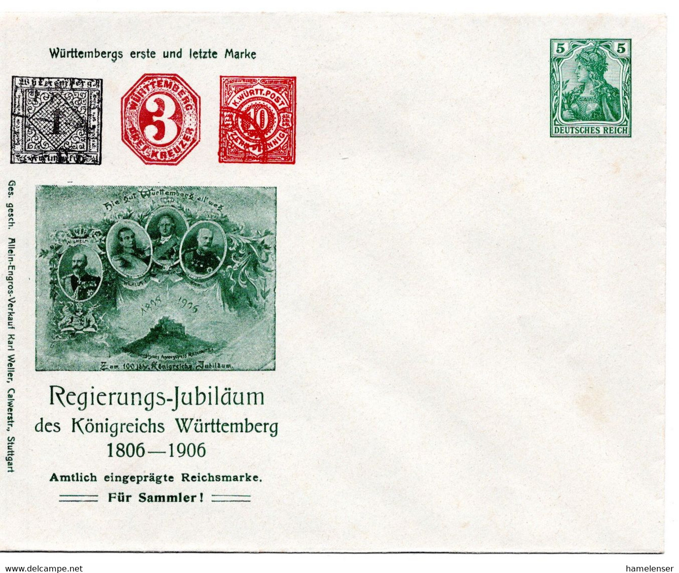 56141 - Deutsches Reich - 1906 - 5Pfg Germania PGAUmschl "Regierungs-Jubilaeum Wuerttemberg", Ungebraucht - Autres & Non Classés