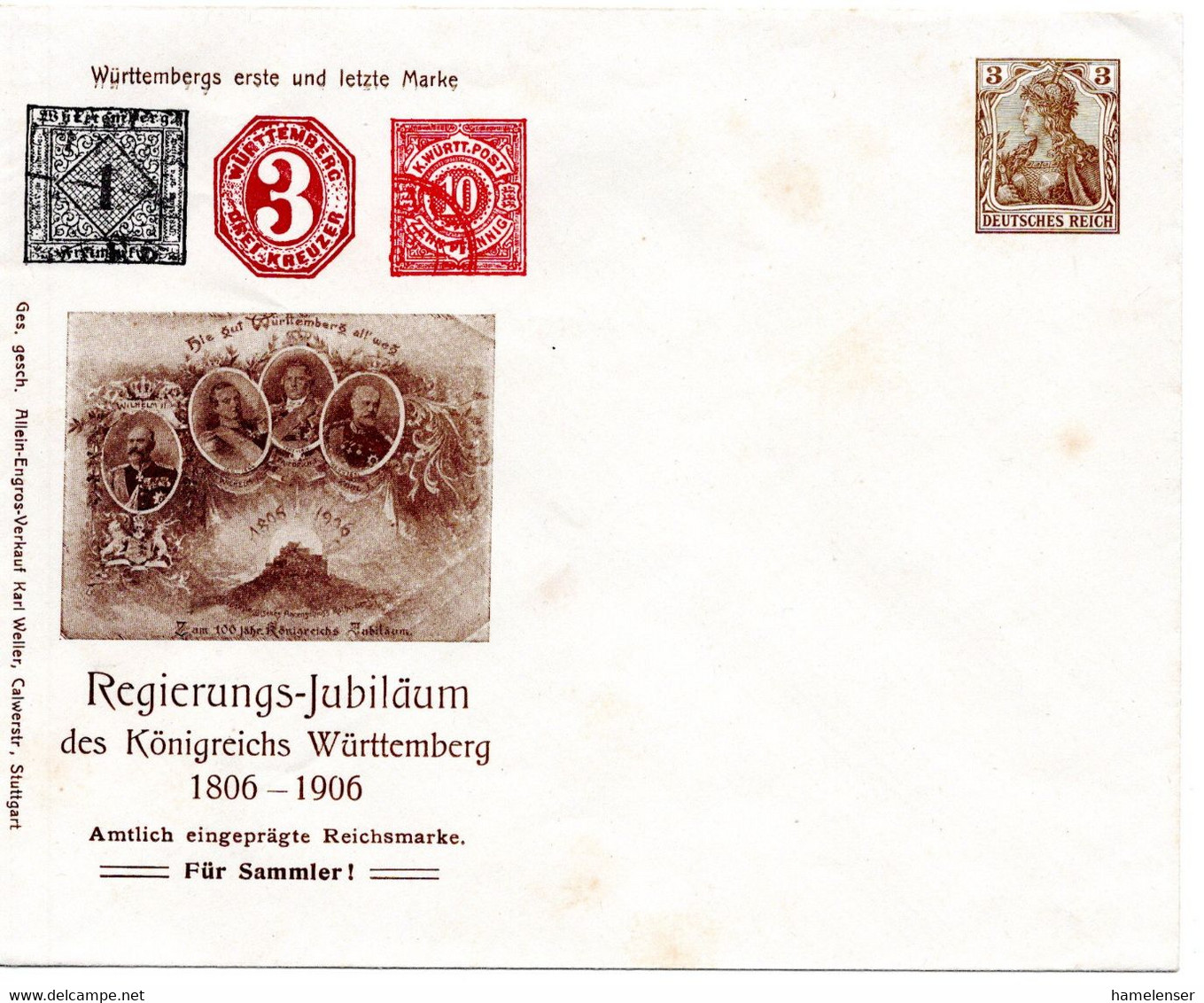 56148 - Deutsches Reich - 1906 - 3Pfg Germania PGAUmschl "Regierungs-Jubilaeum Wuerttemberg", Ungebraucht, Le. Stockig - Sonstige & Ohne Zuordnung