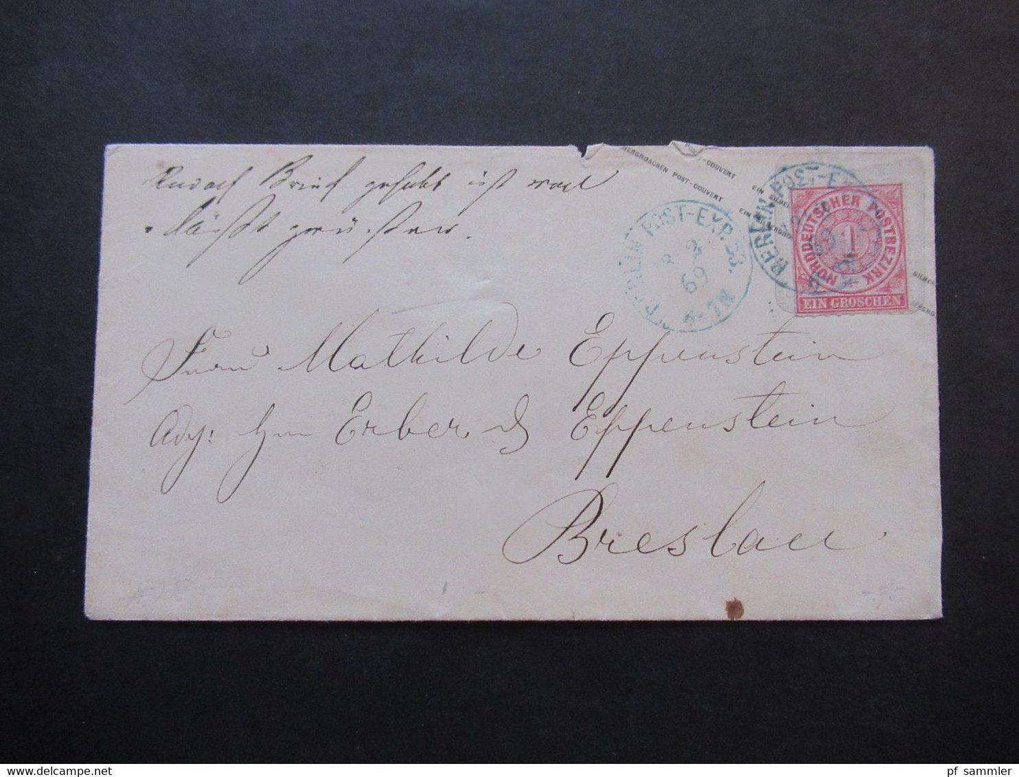 AD NDP Aufbrauchsausgabe Auf Umschlag Von Preussen Blauer Stempel Berlin Post Exp. Nach Breslau - Enteros Postales